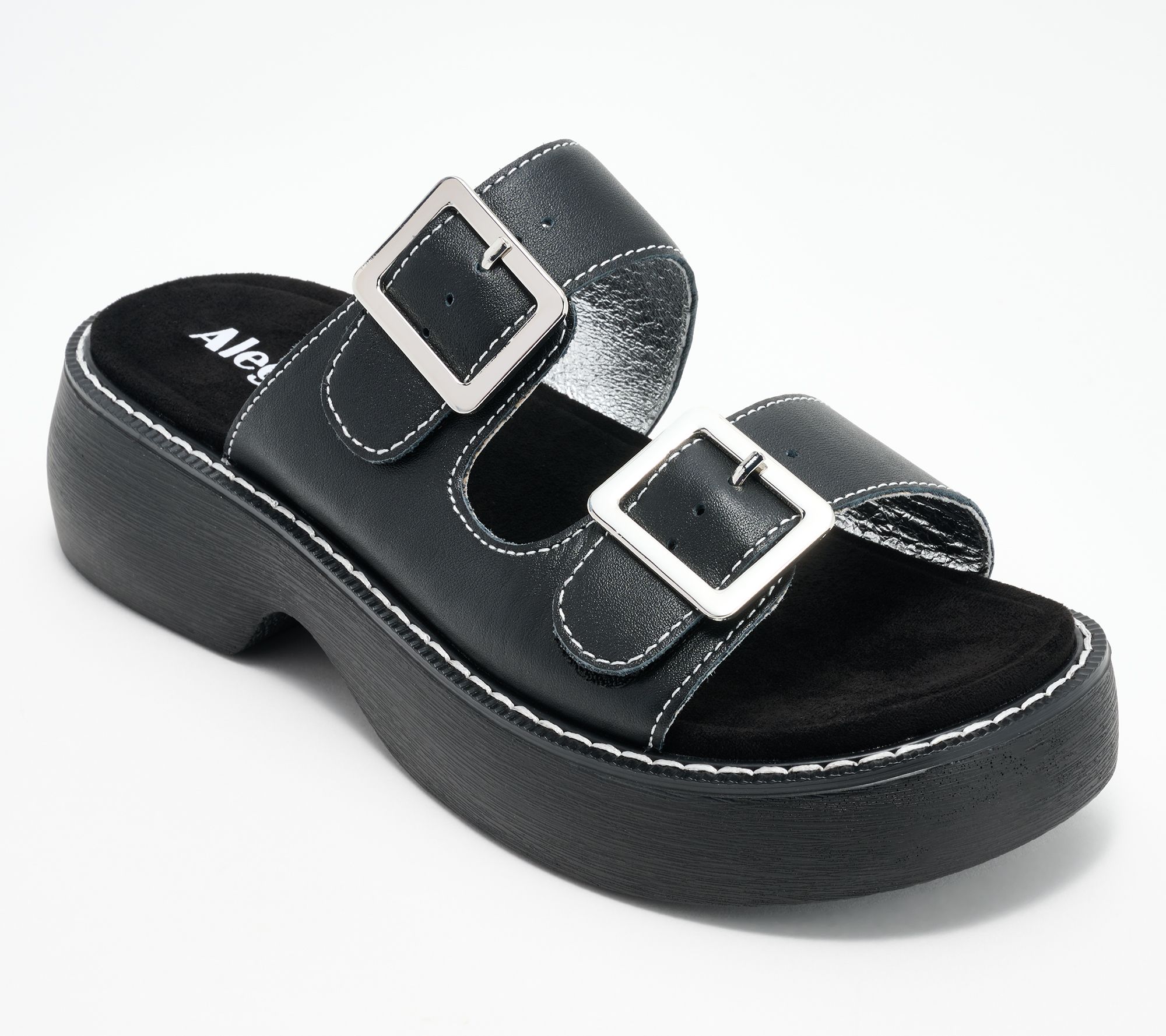 "As Is" Alegria Adjustable Leather Double Buckle Slide Sandals - Iza