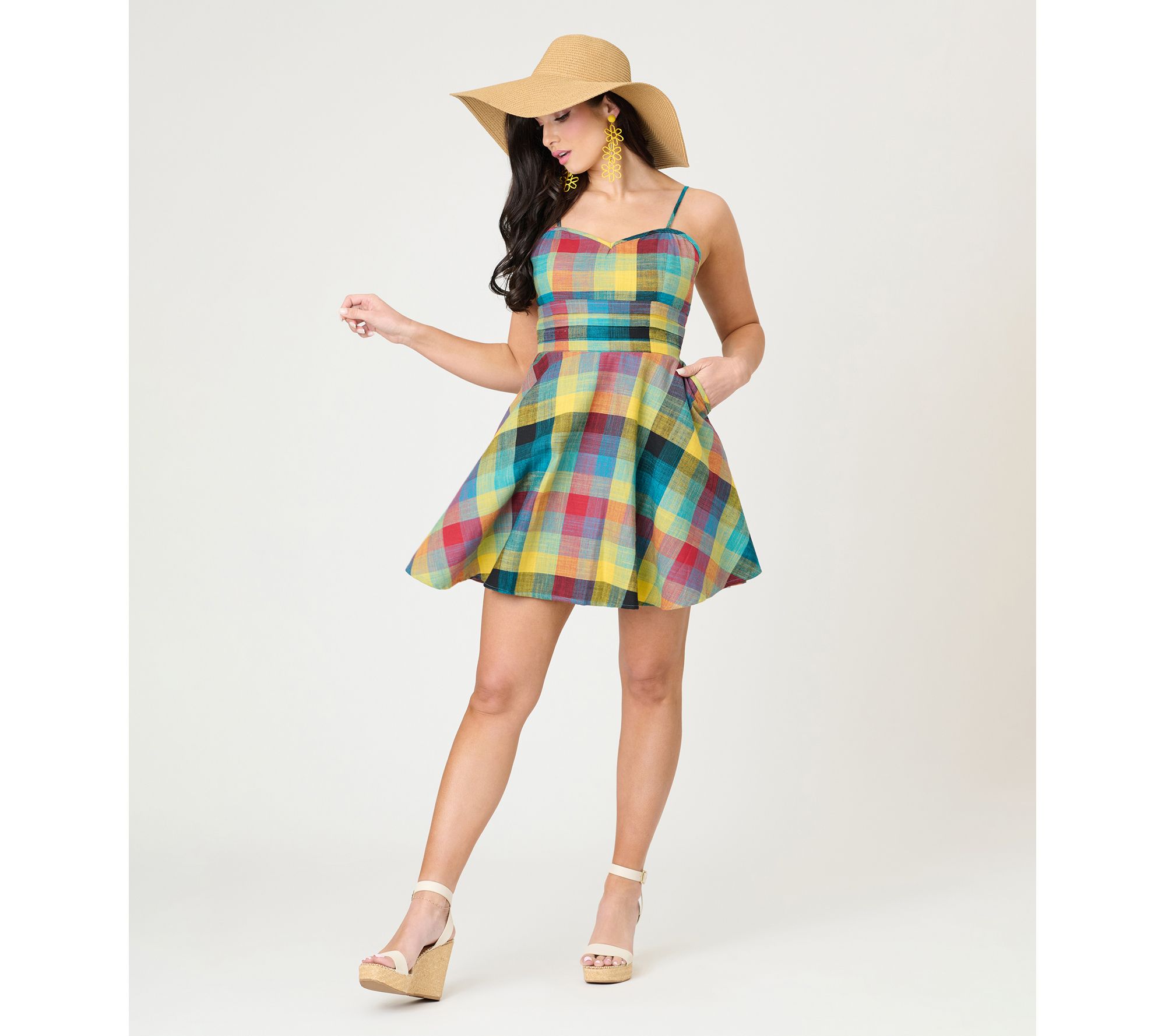 Unique Vintage Multicolor Plaid Cotton Flare Dress