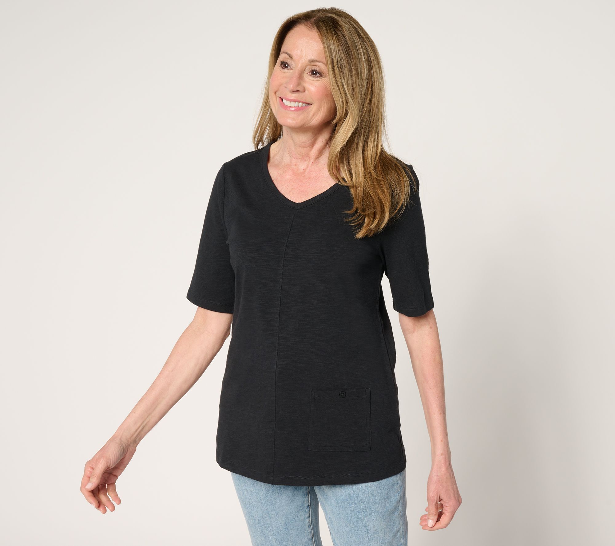 "As Is" Denim & Co. Essentials Textured Knit Top with Pocket Detail