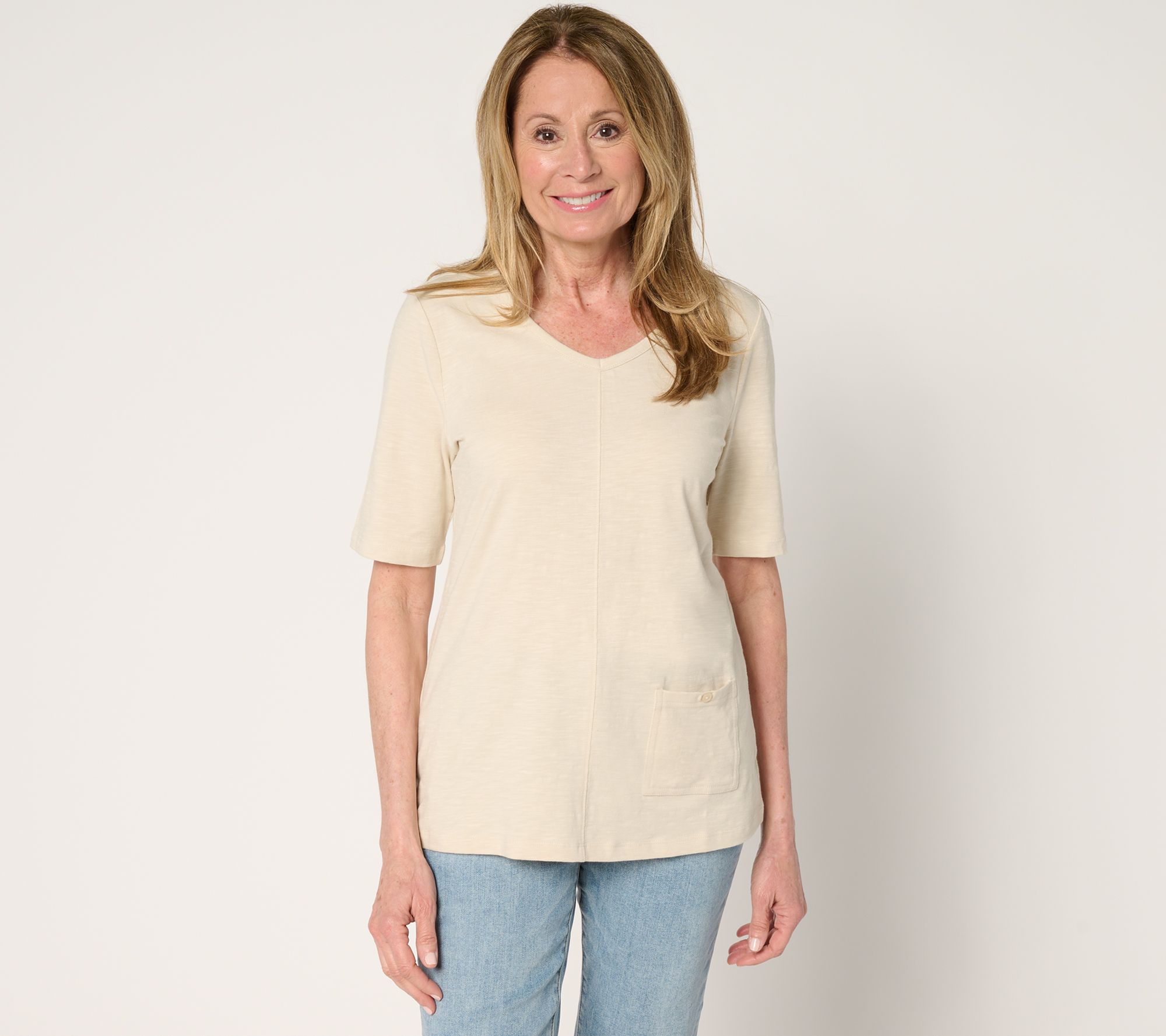 "As Is" Denim & Co. Essentials Textured Knit Top with Pocket Detail