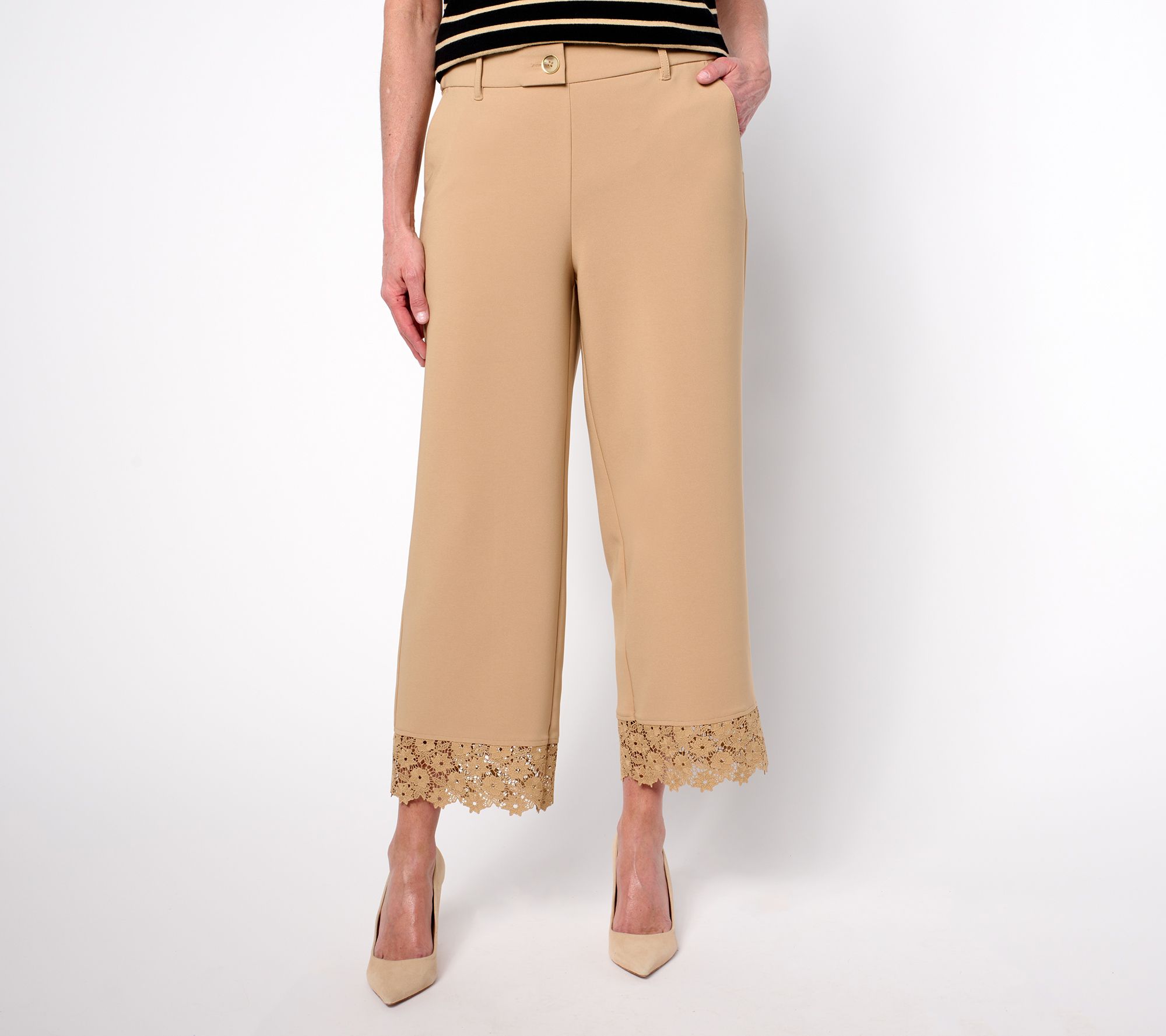 "As Is" Isaac Mizrahi Live! Petite Crepe Wide Leg Crop Pants with Lace