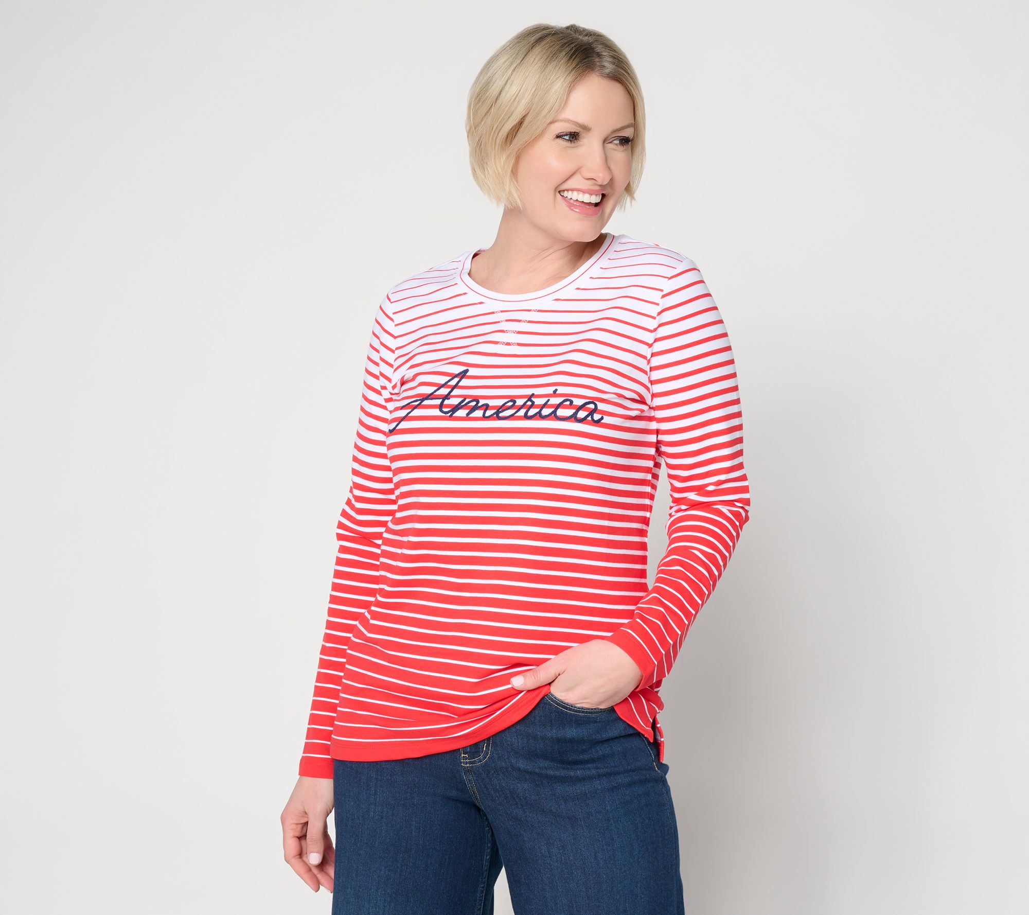  Denim & Co. Americana Striped French Terry Crew Neck Top - A717375