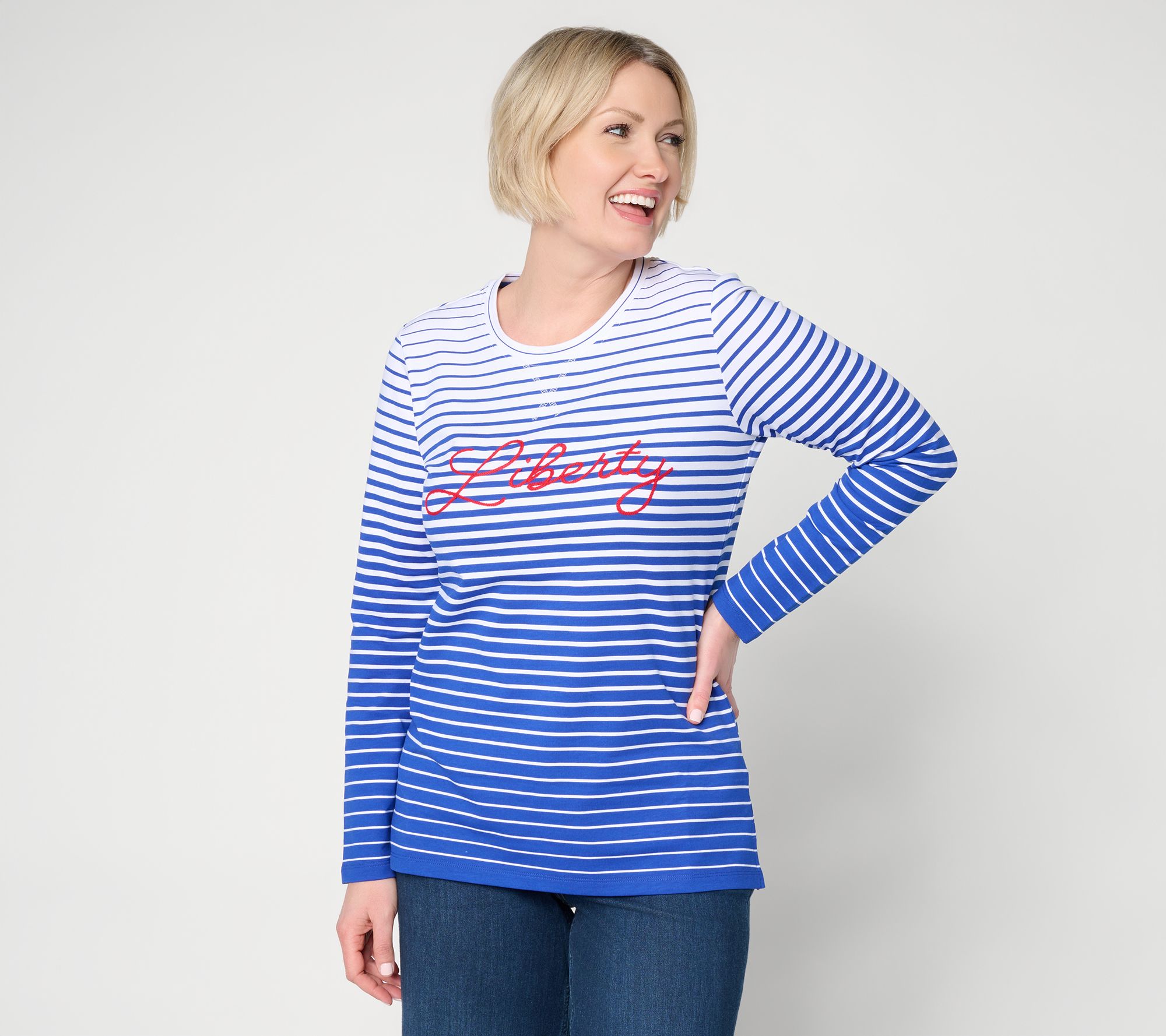 Denim & Co. Americana Striped French Terry Crew Neck Top