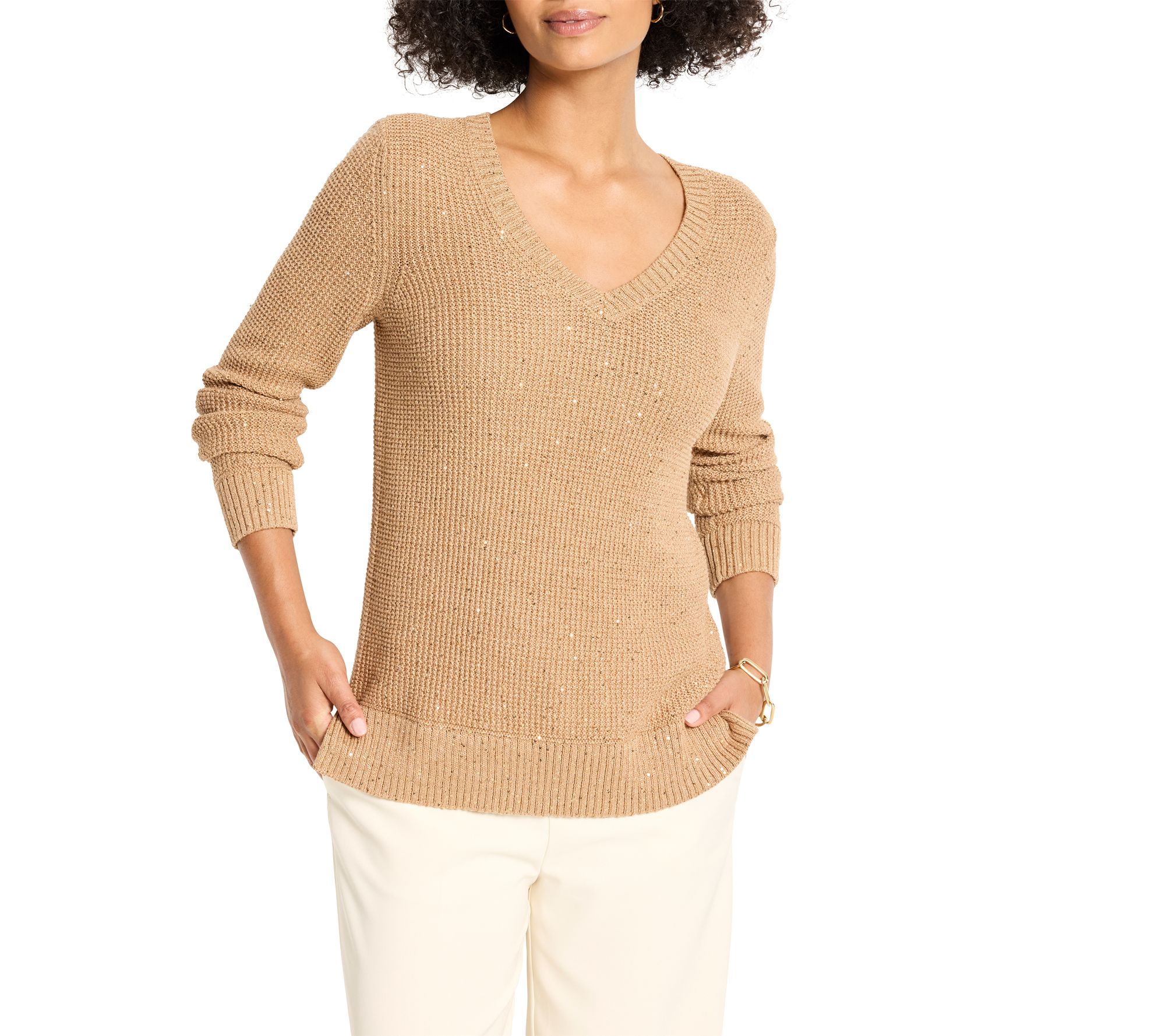 NIC+ZOE Shimer Waffle V-Neck Sweater