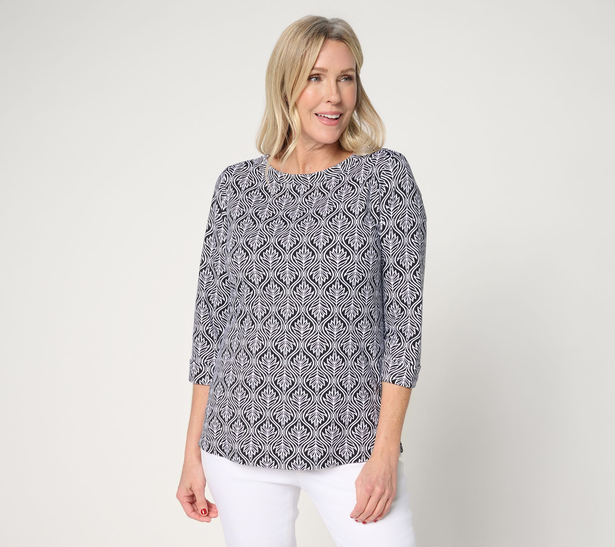 Denim & Co. Printed Beach Jersey 3/4-Sleeve Boat Neck Top