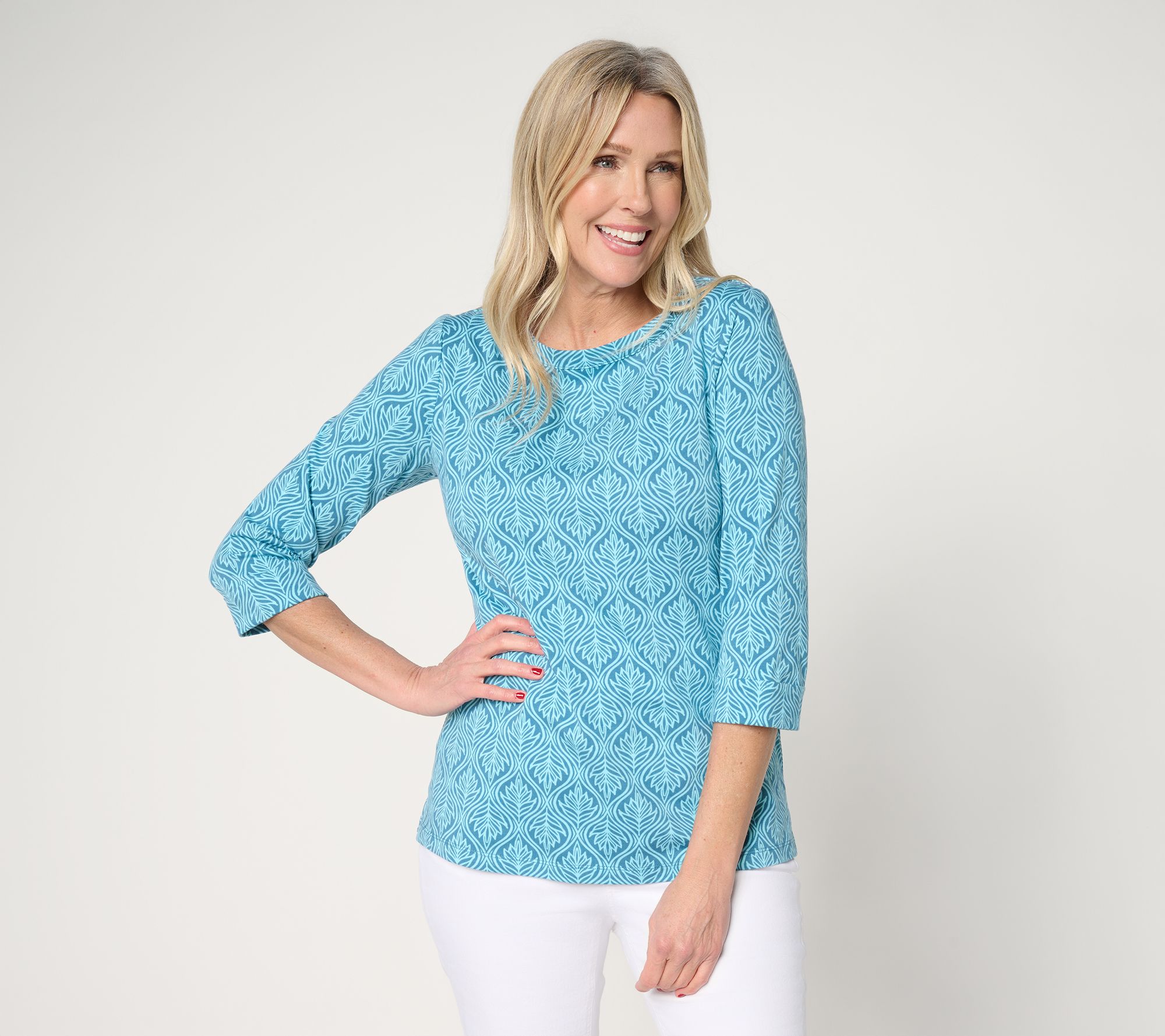 Denim & Co. Printed Beach Jersey 3/4-Sleeve Boat Neck Top