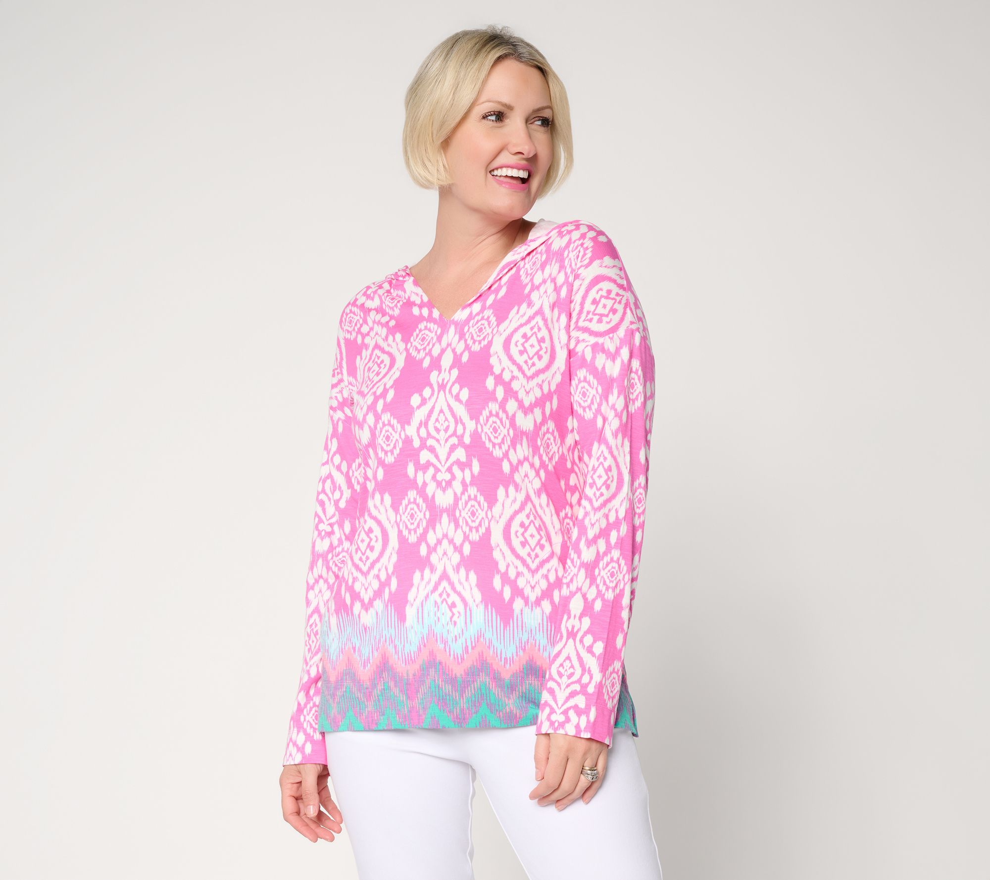  Belle Beach by Kim Gravel Slub Knit Ocean Ikat Border Print Hoodie