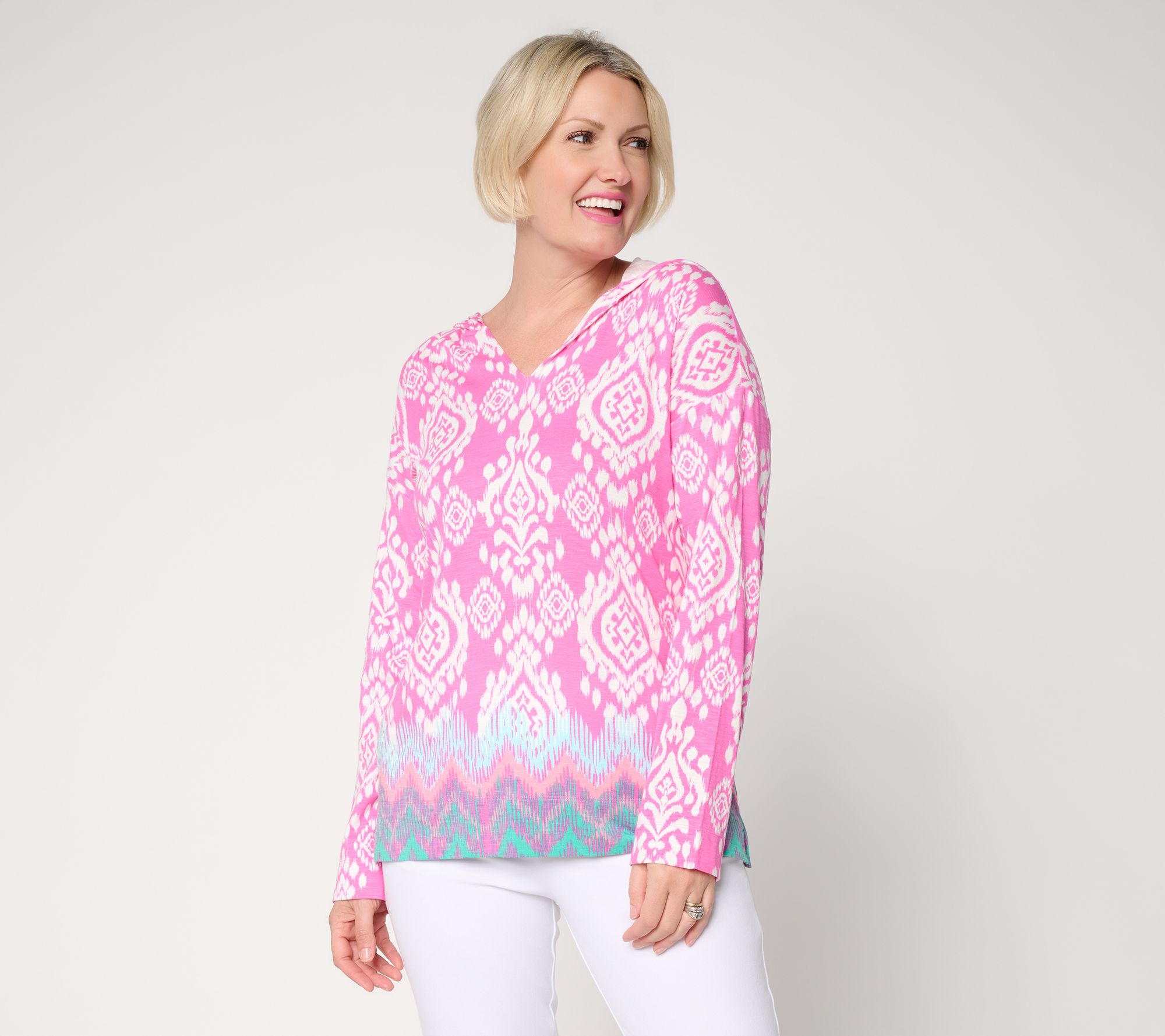 Belle Beach by Kim Gravel Slub Knit Ocean Ikat Border Print Hoodie