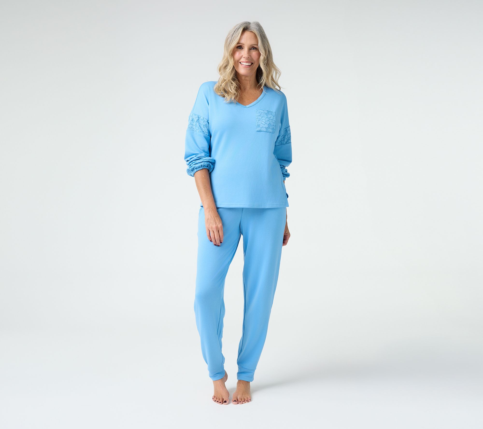 MUK LUKS French Terry V-Neck Lace Overlay Top & Jogger