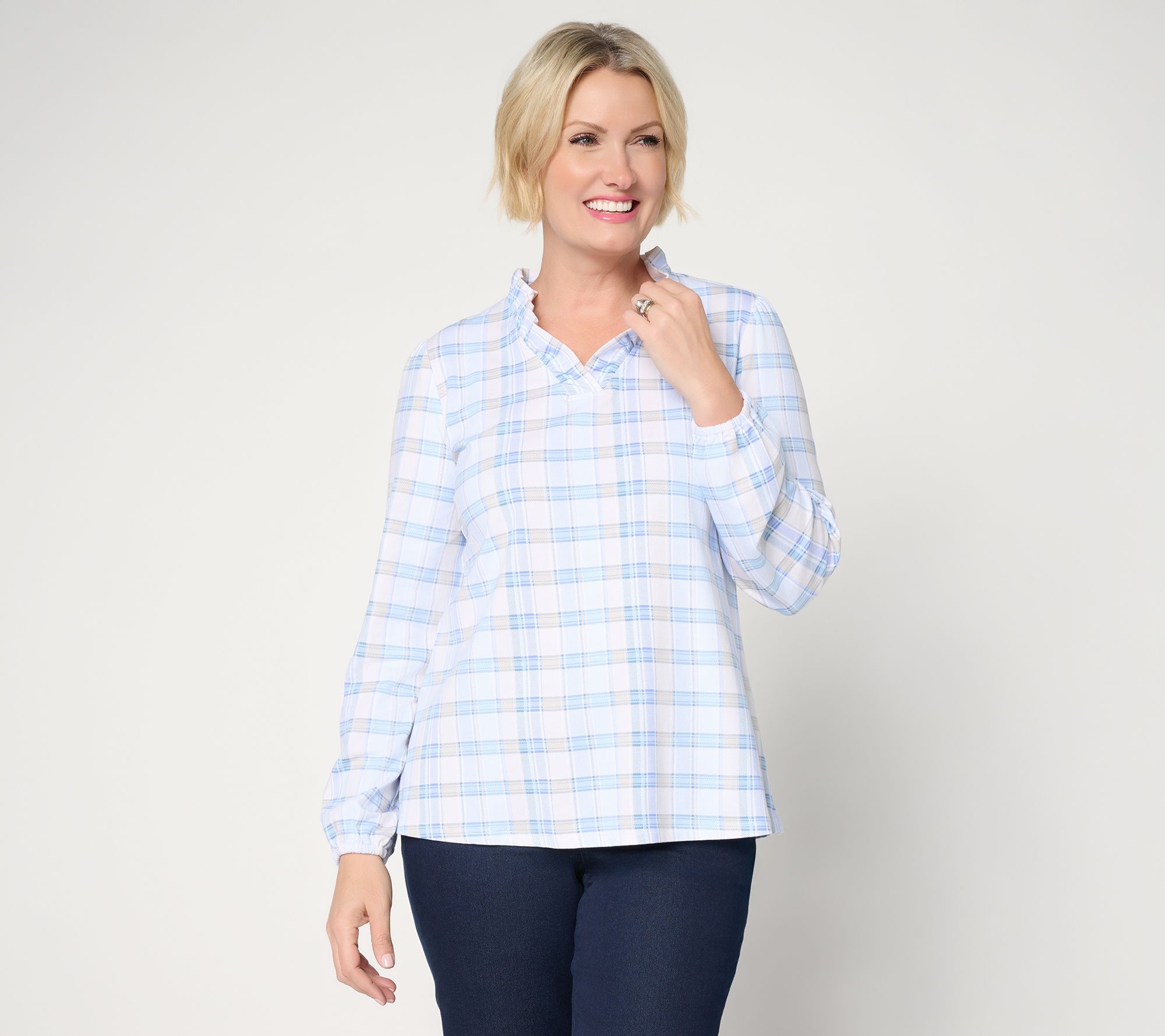 "As Is" Denim & Co. Plaid Favorite Jersey Ruffled V-Neck Top