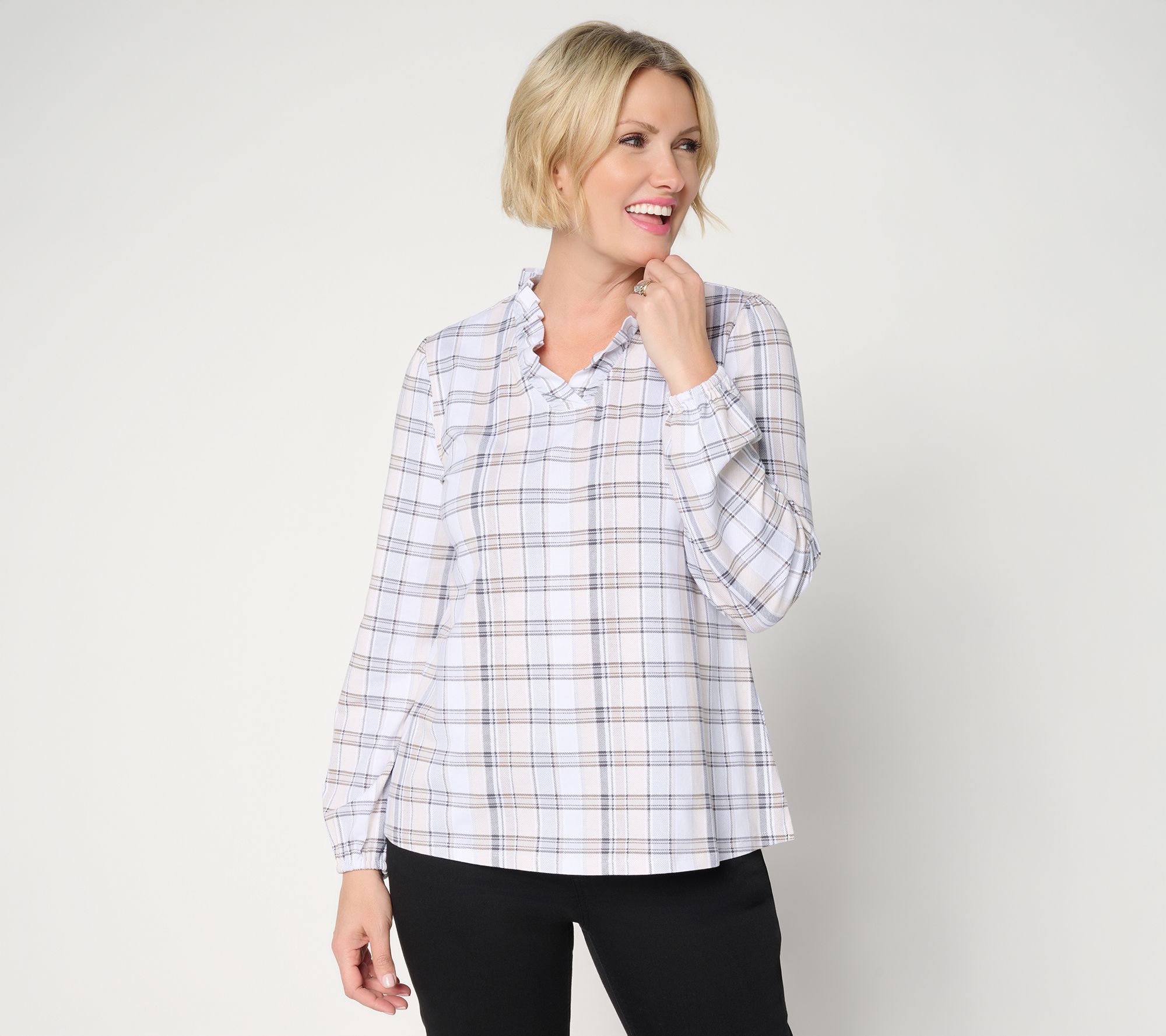 "As Is" Denim & Co. Plaid Favorite Jersey Ruffled V-Neck Top
