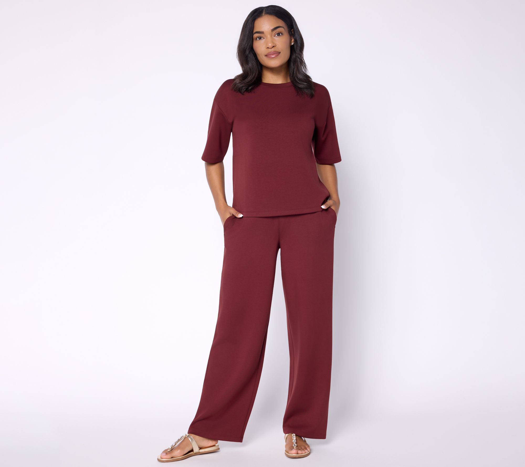 Susan Graver Weekend Petite Serene Knit Top and Wide Leg Pant Set