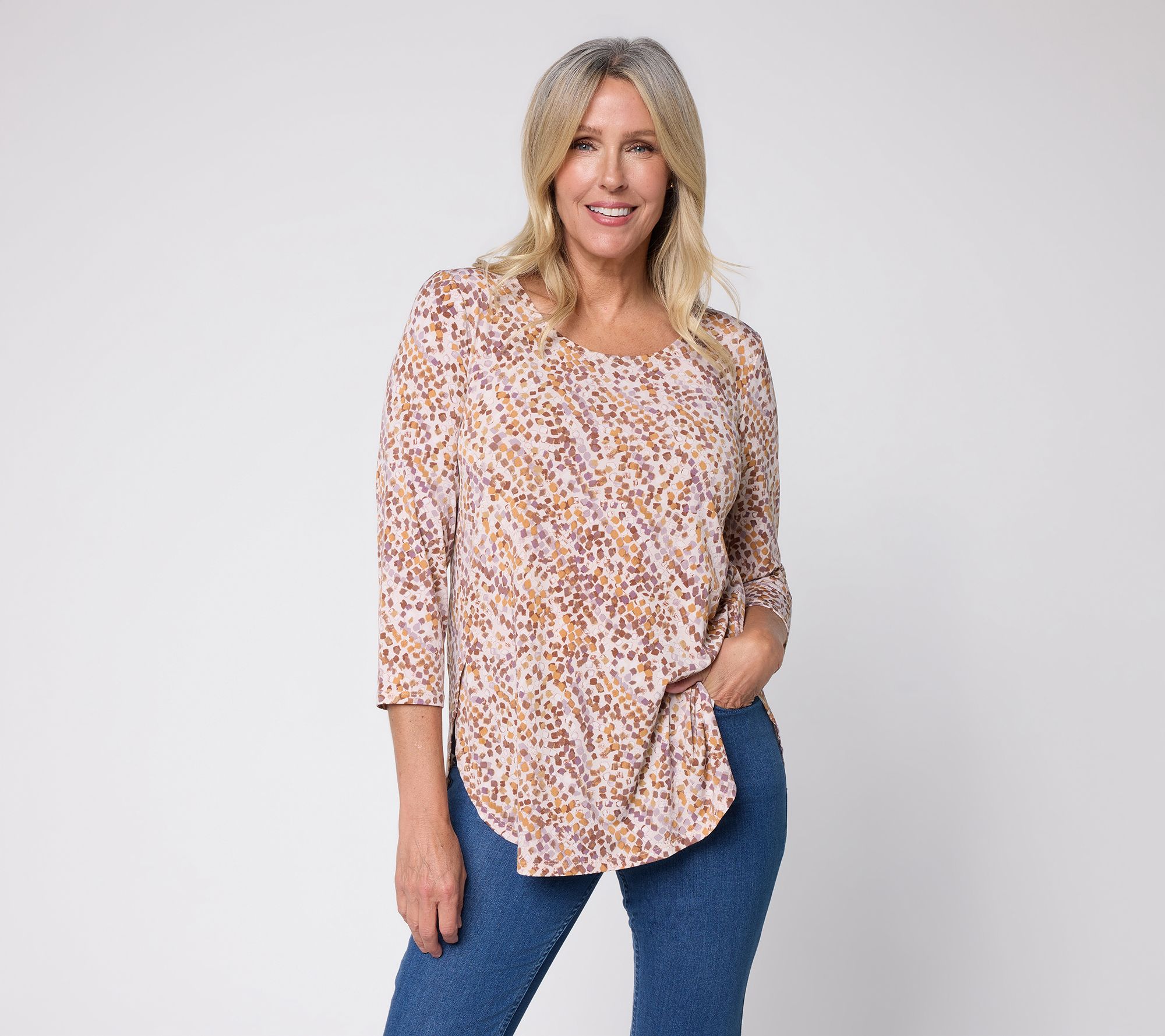 Susan Graver Regular Printed Liquid Knit Tulip Hem Top