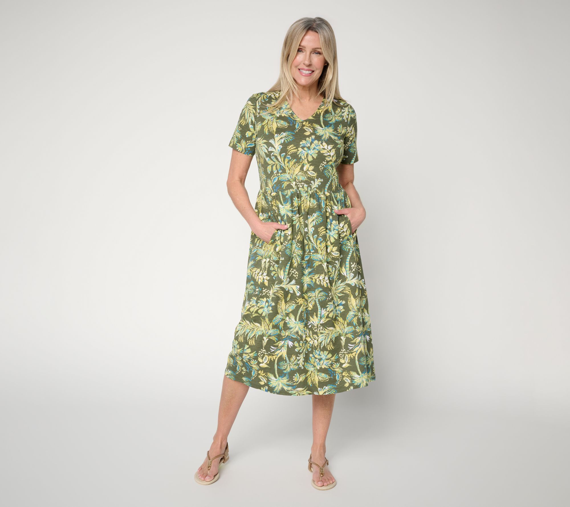 "As Is" Denim & Co. Reg Print Linen Blend Midi Dress