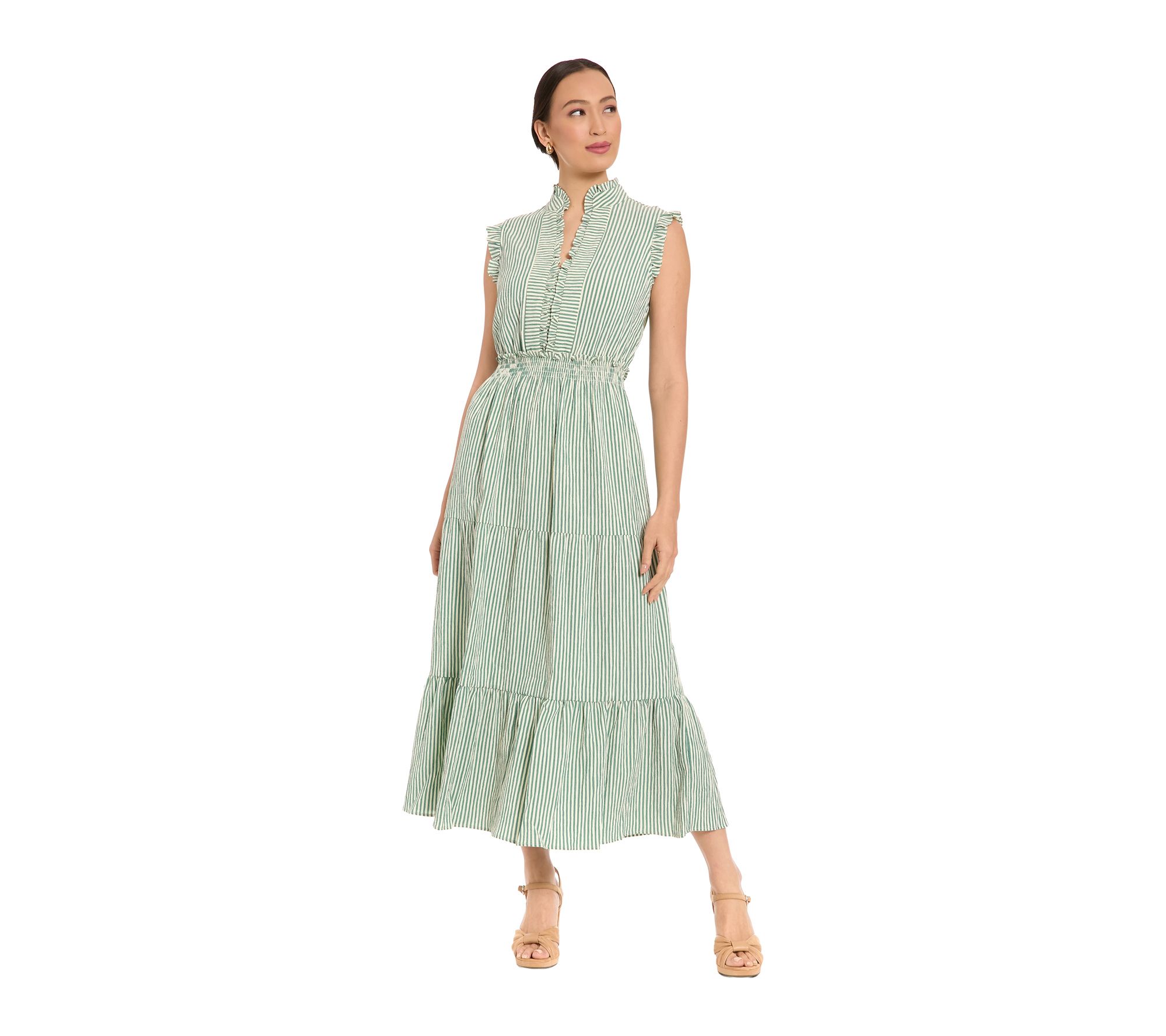 London Times Ruffle Neck Smocked Waist Tiered Dress