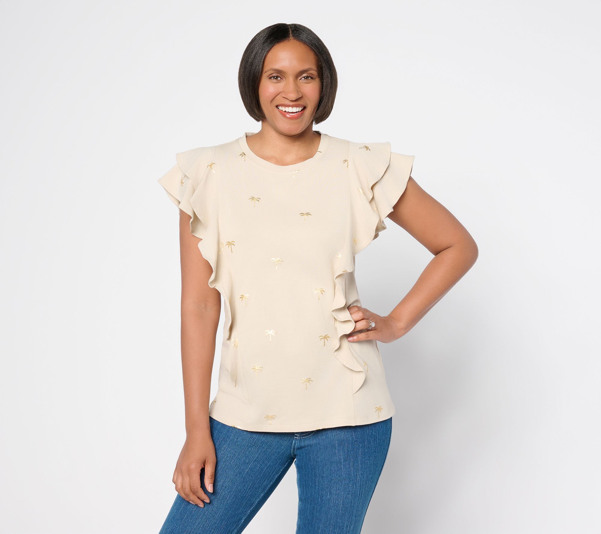 "As Is" Belle Beach by Kim Gravel TripleLuxe Knit Foil Ruffle Top