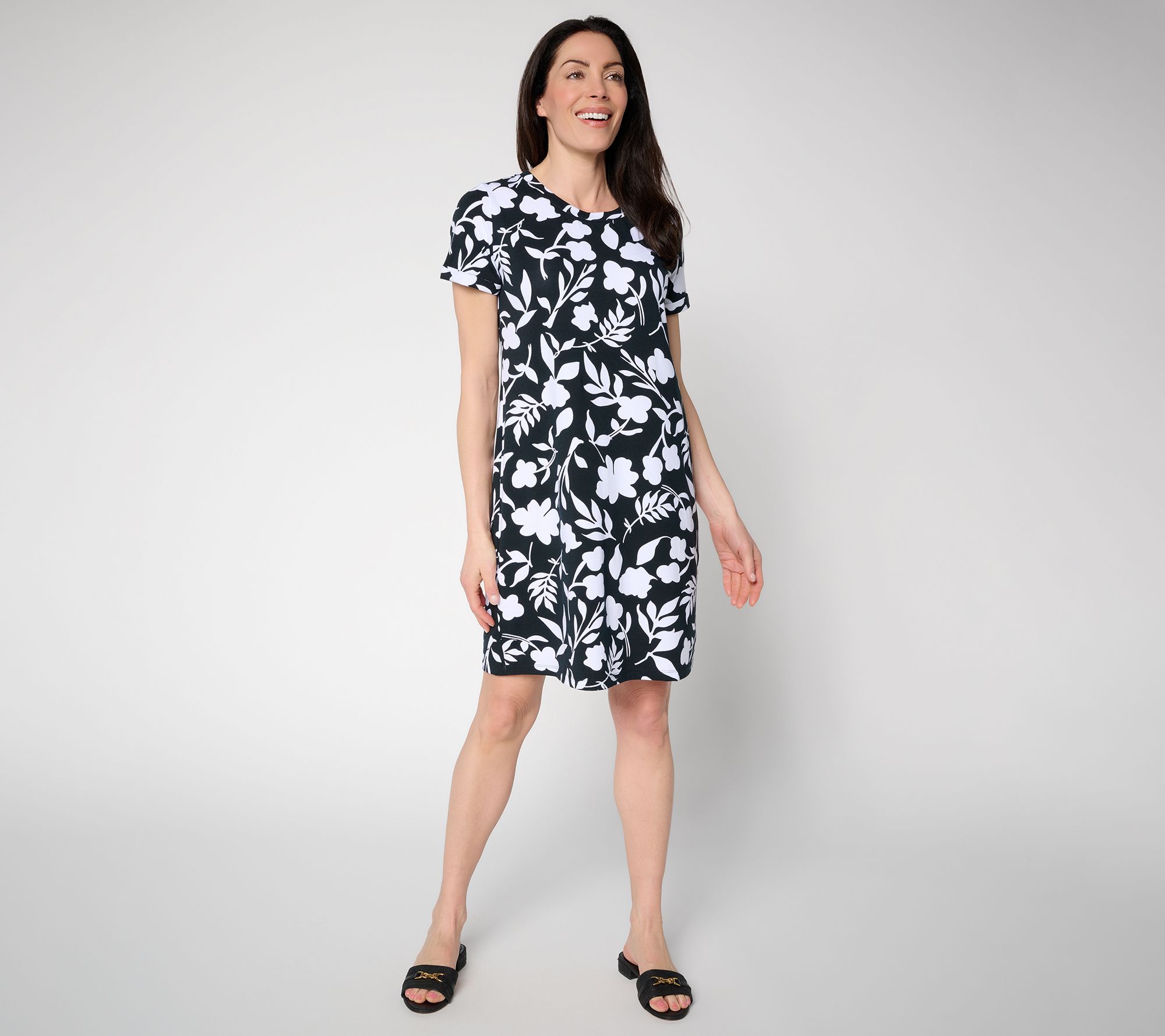"As Is" Susan Graver Weekend Petite Printed Comfy Cotton Crew Neck Dress
