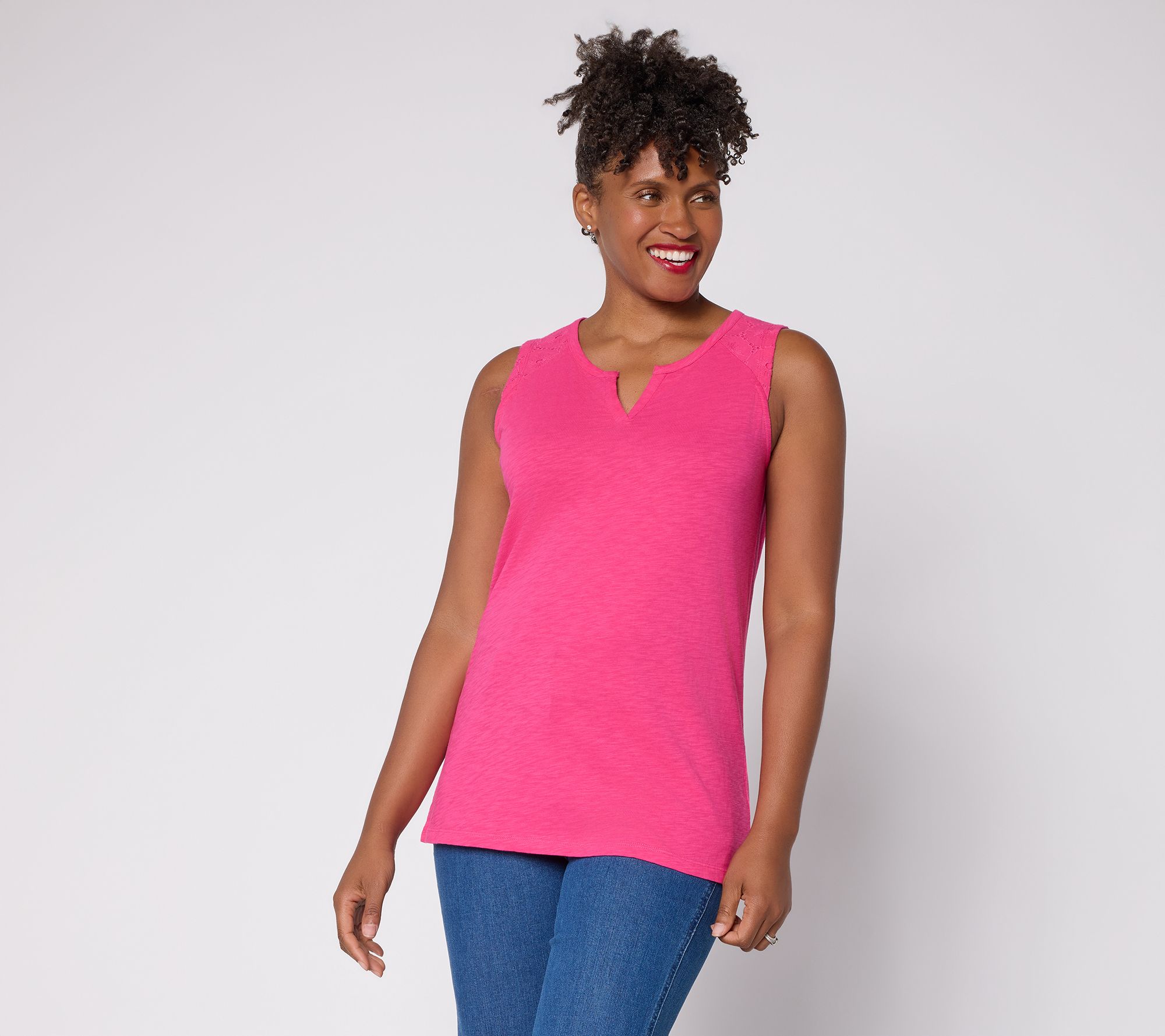 "As Is" Denim & Co. Embroidered Slub Jersey Raglan Split Neck Tank Top