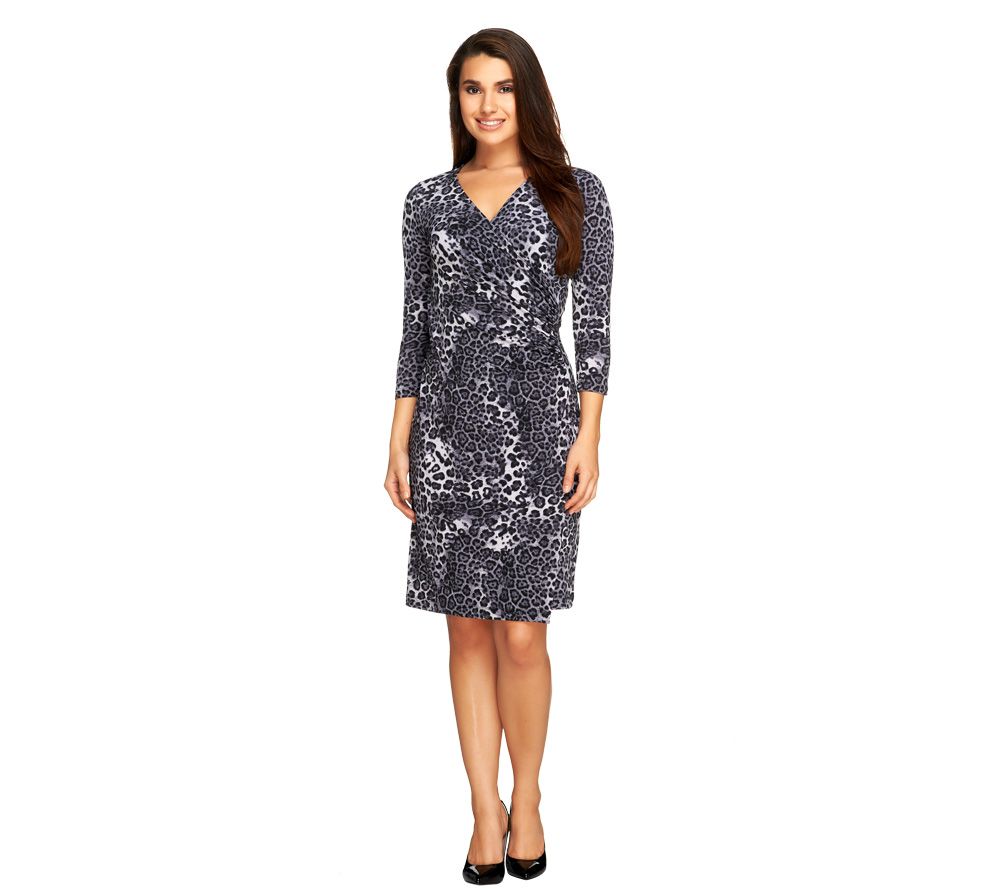 Susan Graver Printed Liquid Knit Surplice Wrap Dress with 3/4 Sleeves ...