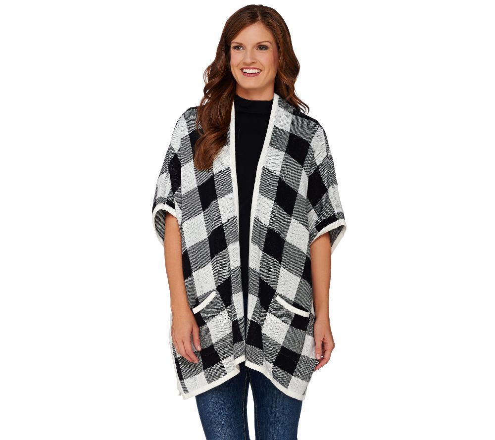 Denim & Co. Plaid Jacquard Open Front Poncho with Pockets - Page 1 ...