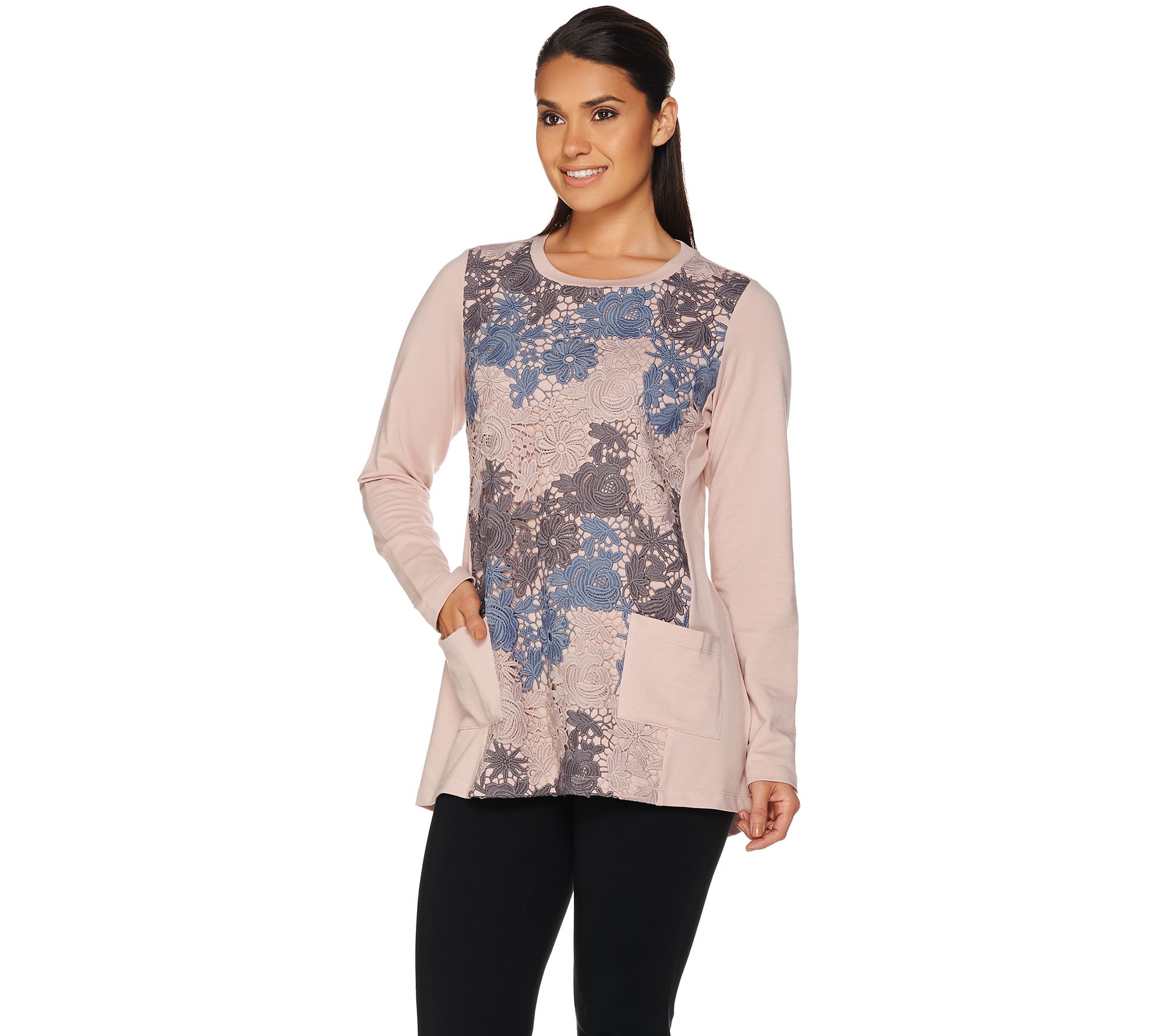 LOGO Lounge by Lori Goldstein French Terry Top with Tri-Color Lace ...