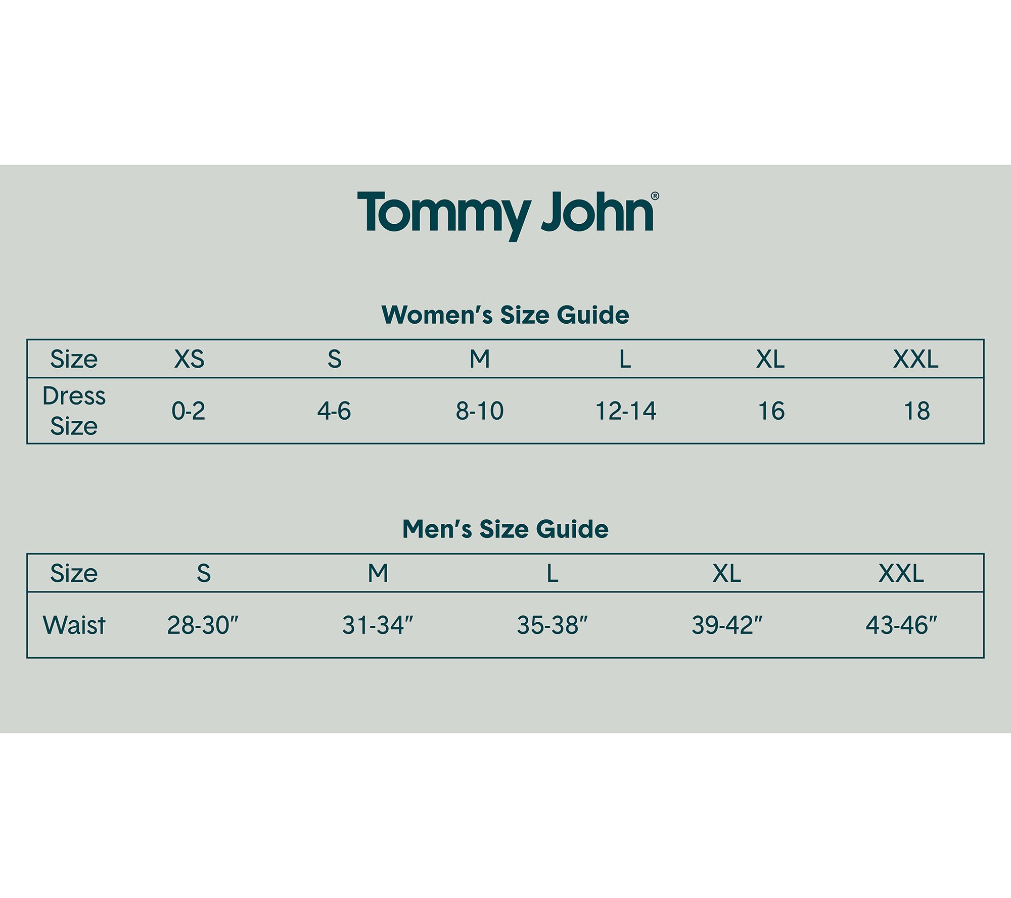 tommy john underwear sizes