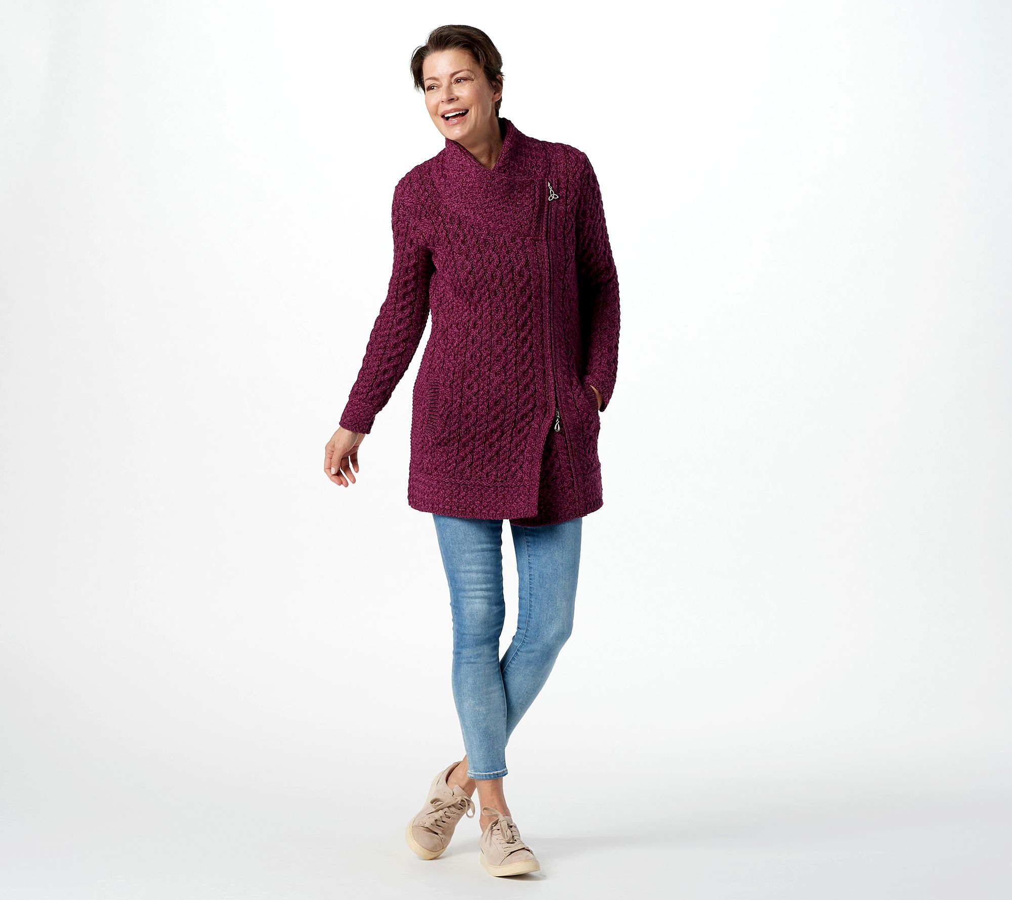 aran craft merino wool asymmetric zip front sweater