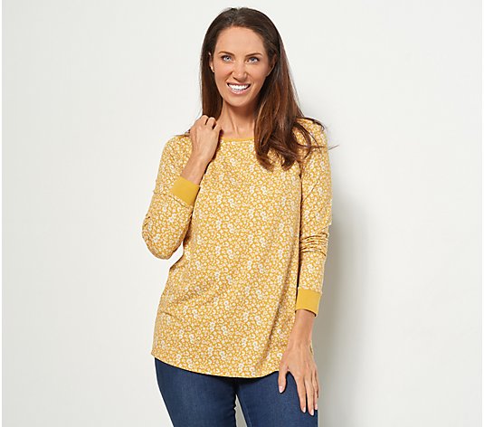 Susan Graver Printed Brushed Liquid Knit Top with Piping and Rib Trim
