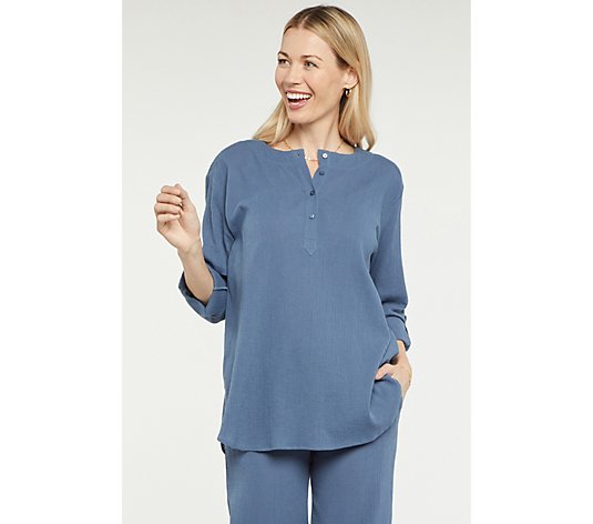 NYDJ Tunic Blouse in Cotton Gauze with Button Tabs