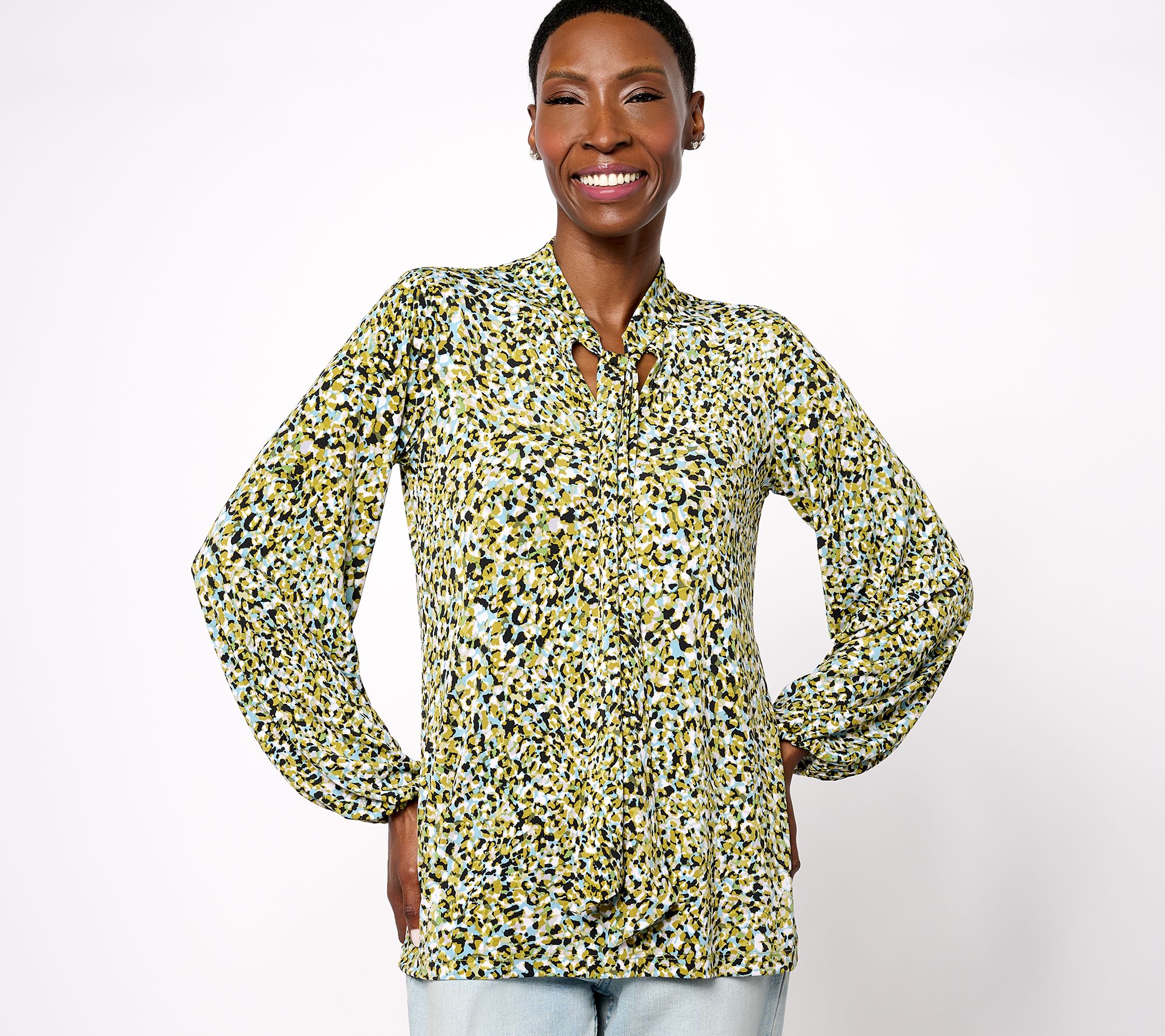 Susan Graver Printed Liquid Knit Mock-Neck Top w/ Tie Detail