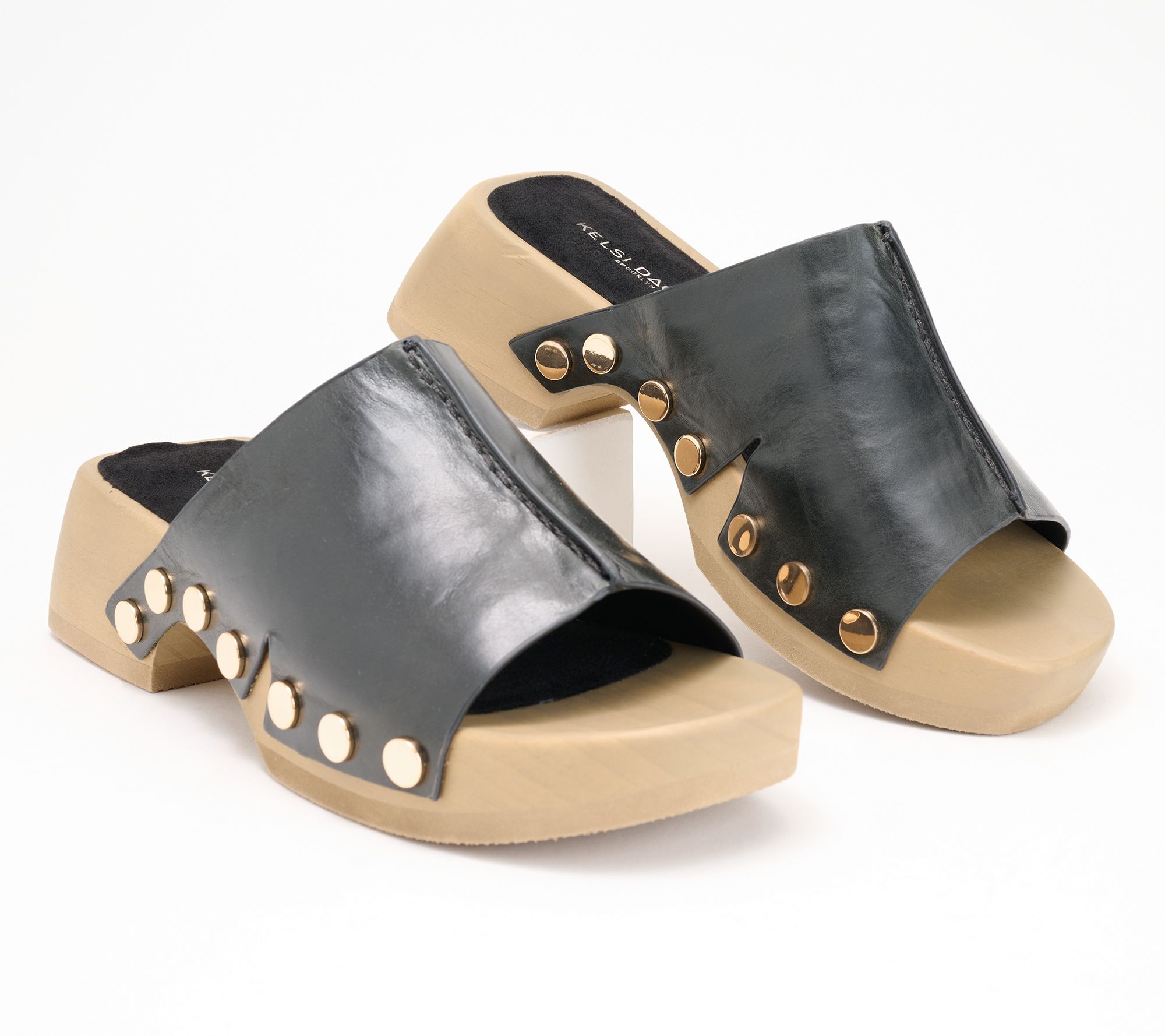 "As Is" Kelsi Dagger Wooden Bottom Leather or Suede Mules - June