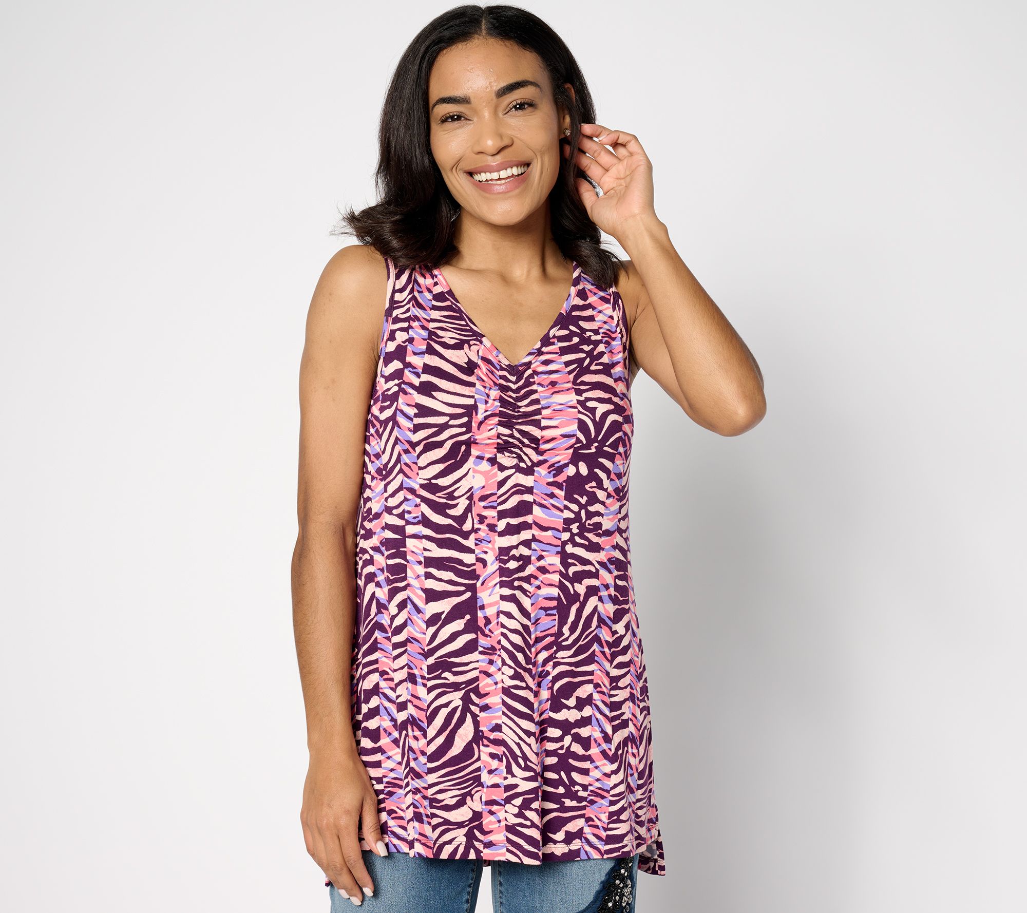 LOGO Layers by Lori Goldstein Animal Print Ruched V-neck Tank