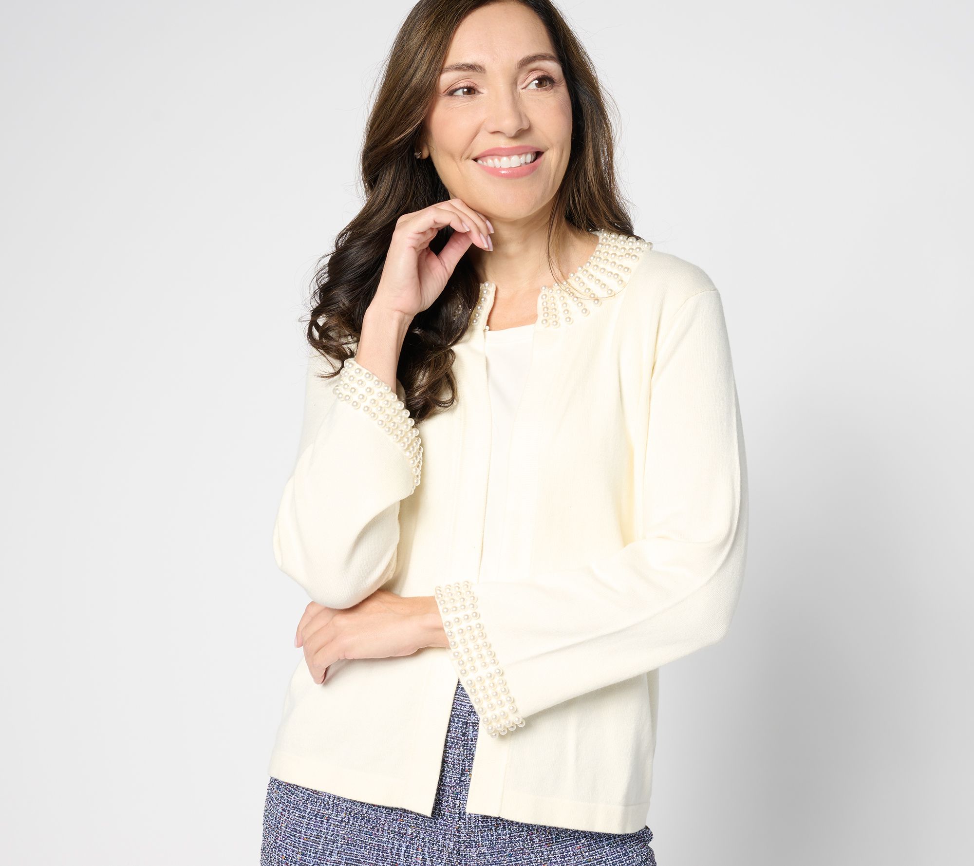 "As Is" Isaac Mizrahi Live! Knit Jacket with Faux Pearl Details