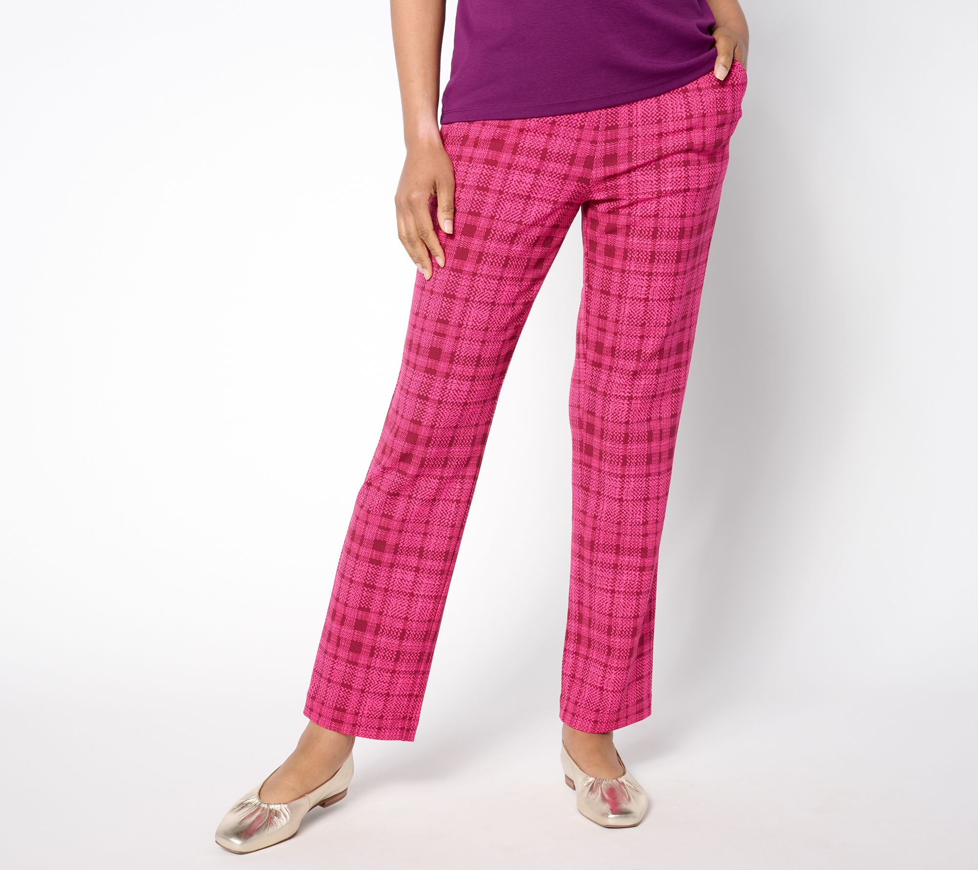 Isaac Mizrahi Live! Petite Printed Scuba Crepe Slim Straight Pants