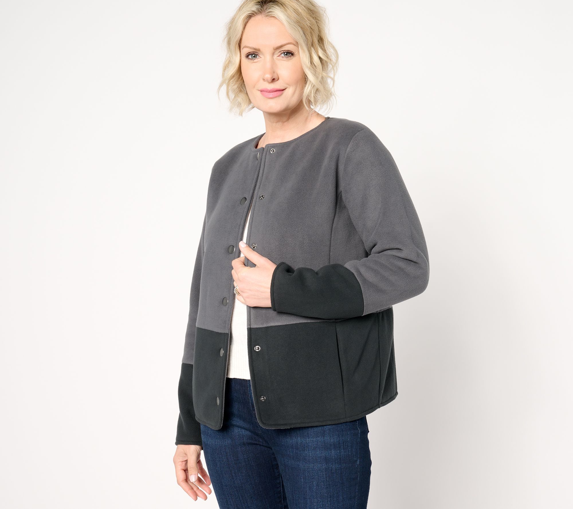 Susan Graver Color Block Fleece Snap Front Jacket QVC