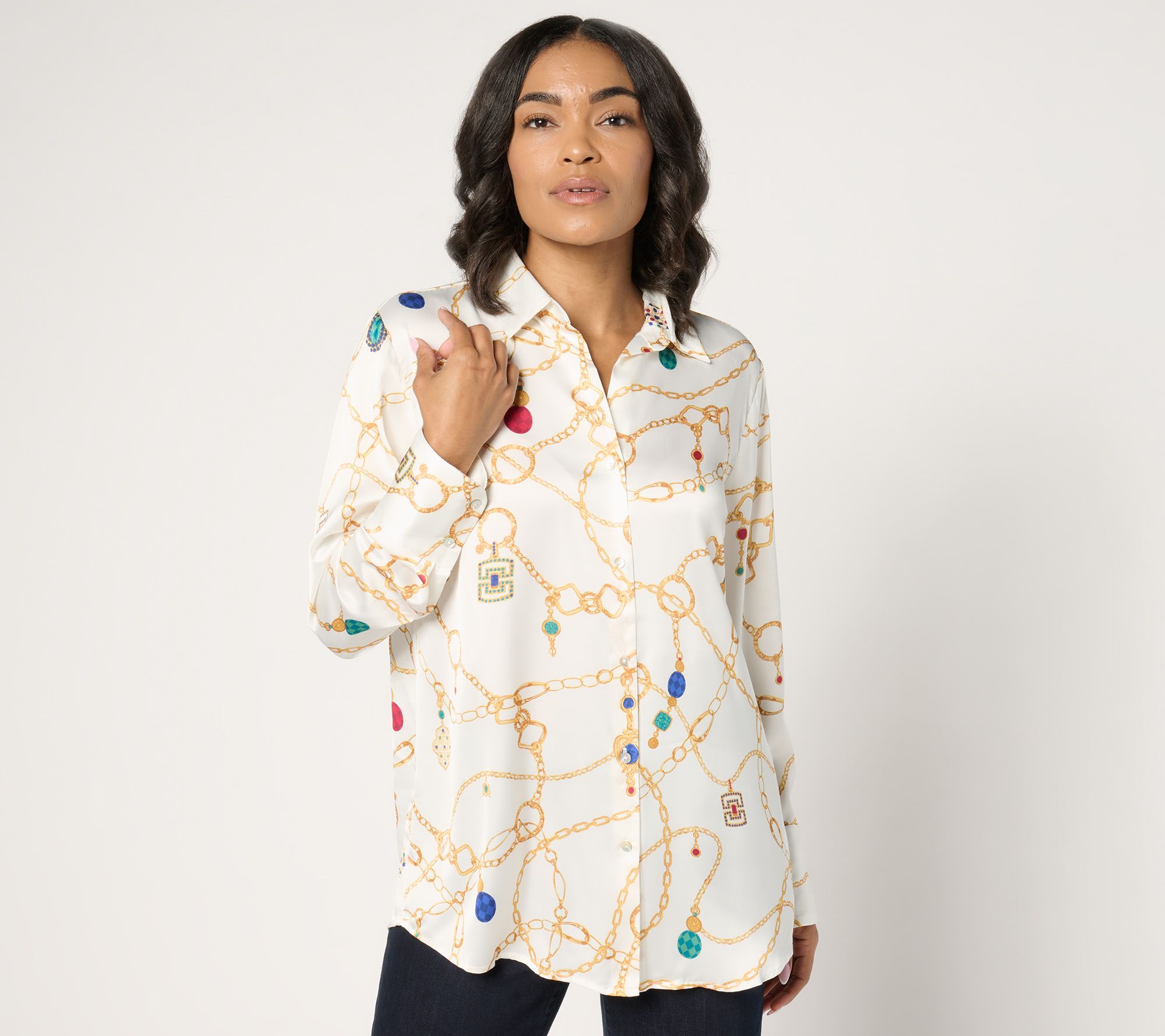 Susan Graver Petite Printed Charmeuse Button-Front Tunic