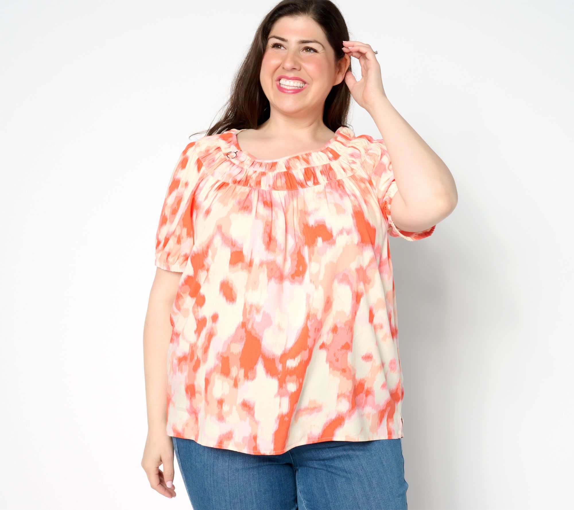 "As Is" Denim & Co. Adaptive Printed Short Sleeve Blouse
