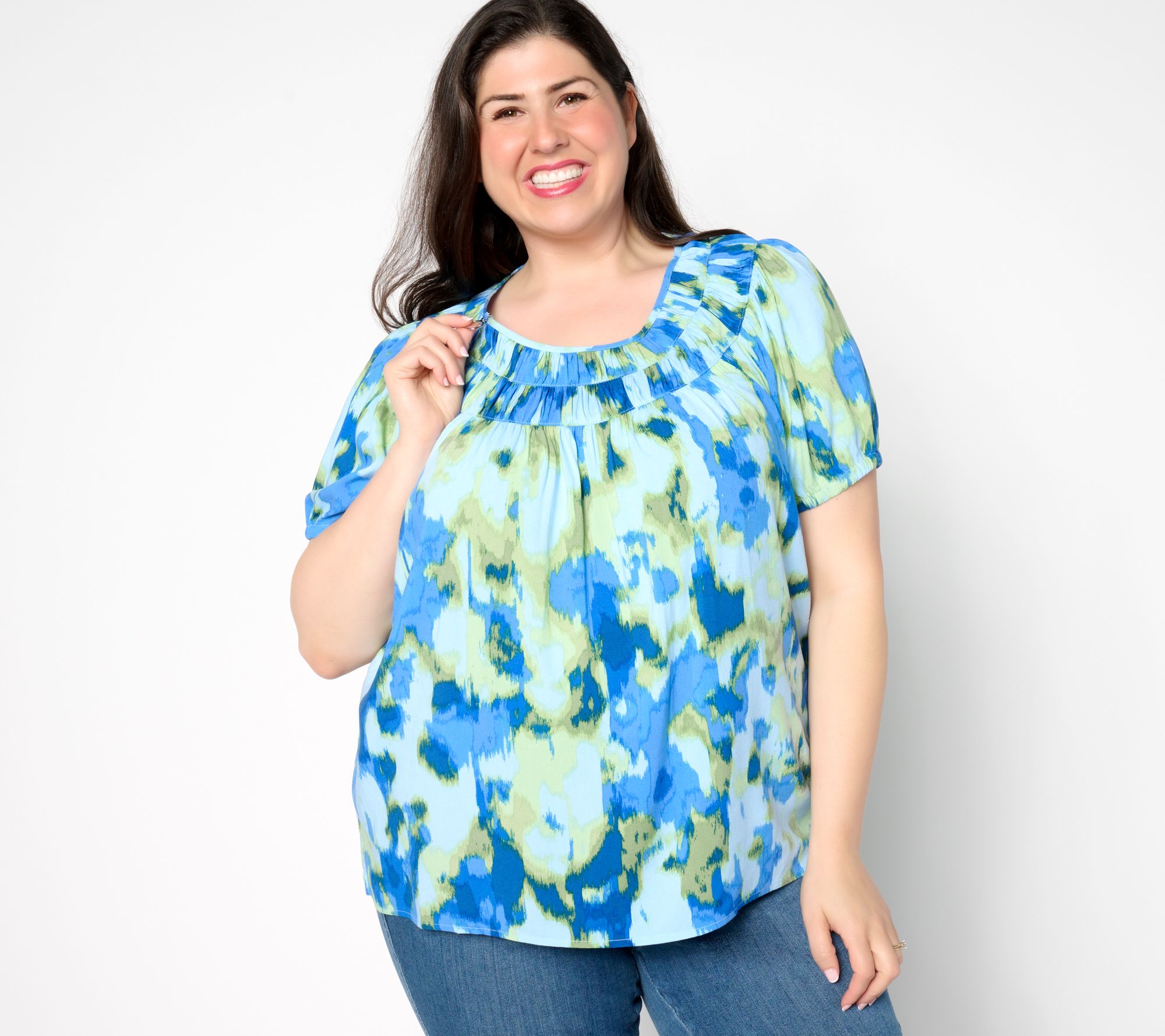 "As Is" Denim & Co. Adaptive Printed Short Sleeve Blouse