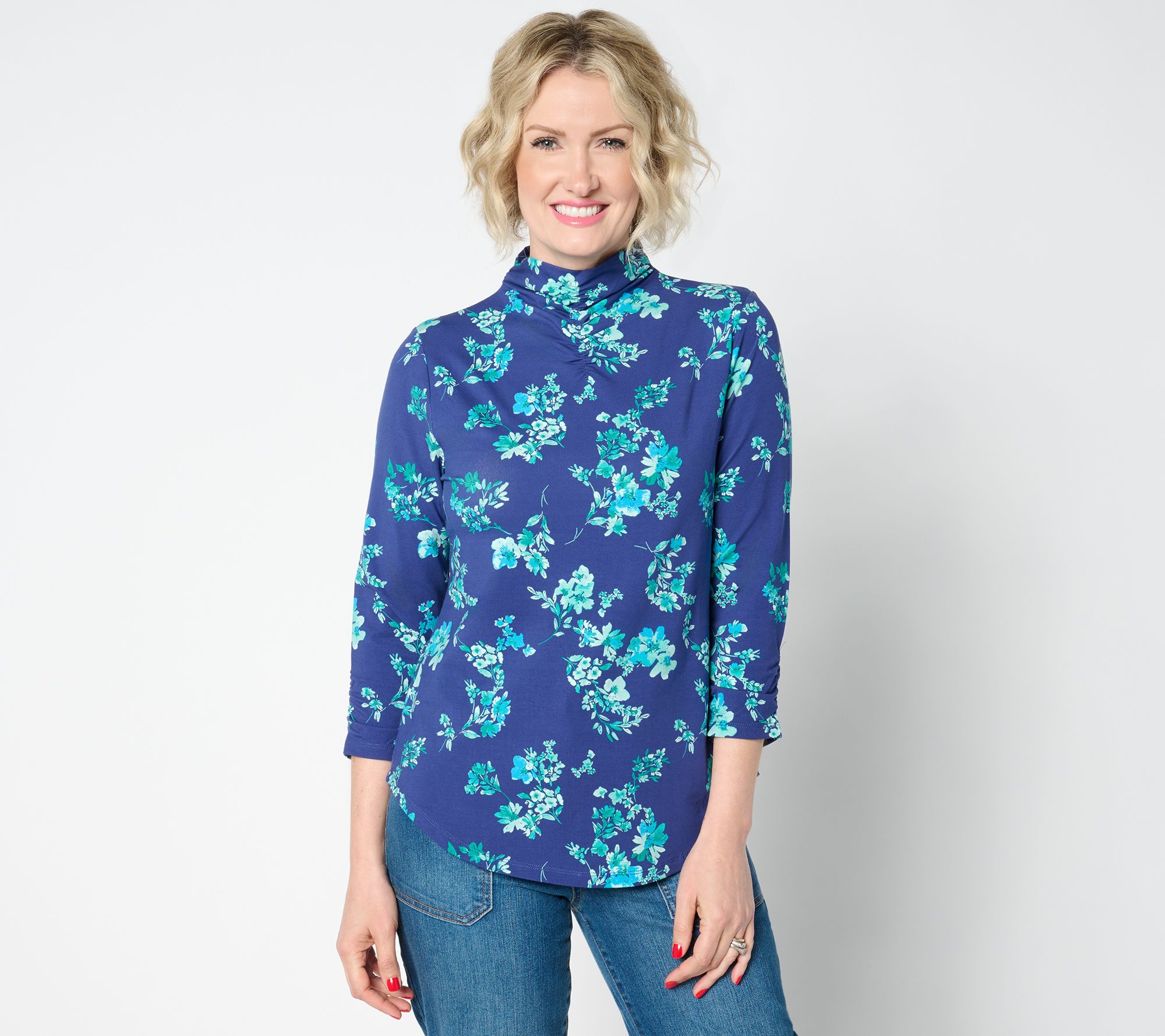 "As Is" Isaac Mizrahi Live! Printed 3/4 Sleeve Mock Neck Top