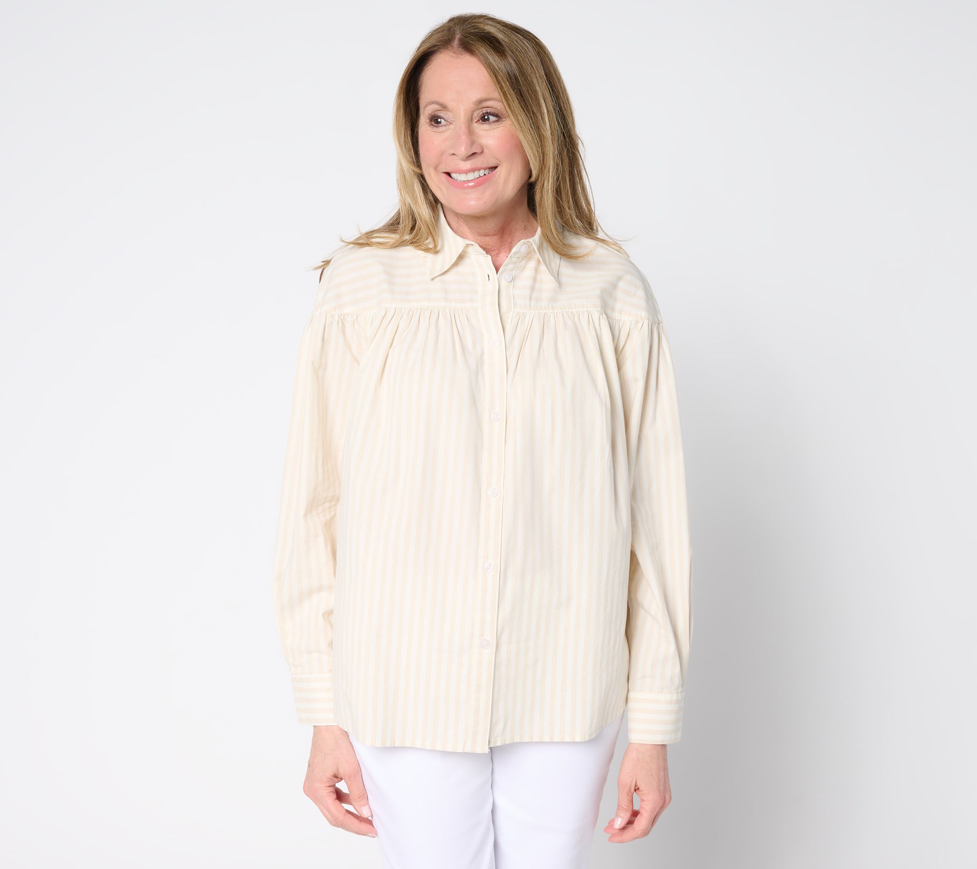 Martha Stewart Signature Shirred Woven Button Front Collared Top