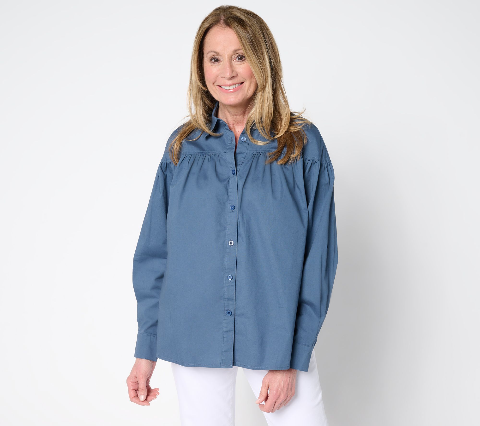 Martha Stewart Signature Shirred Woven Button Front Collared Top
