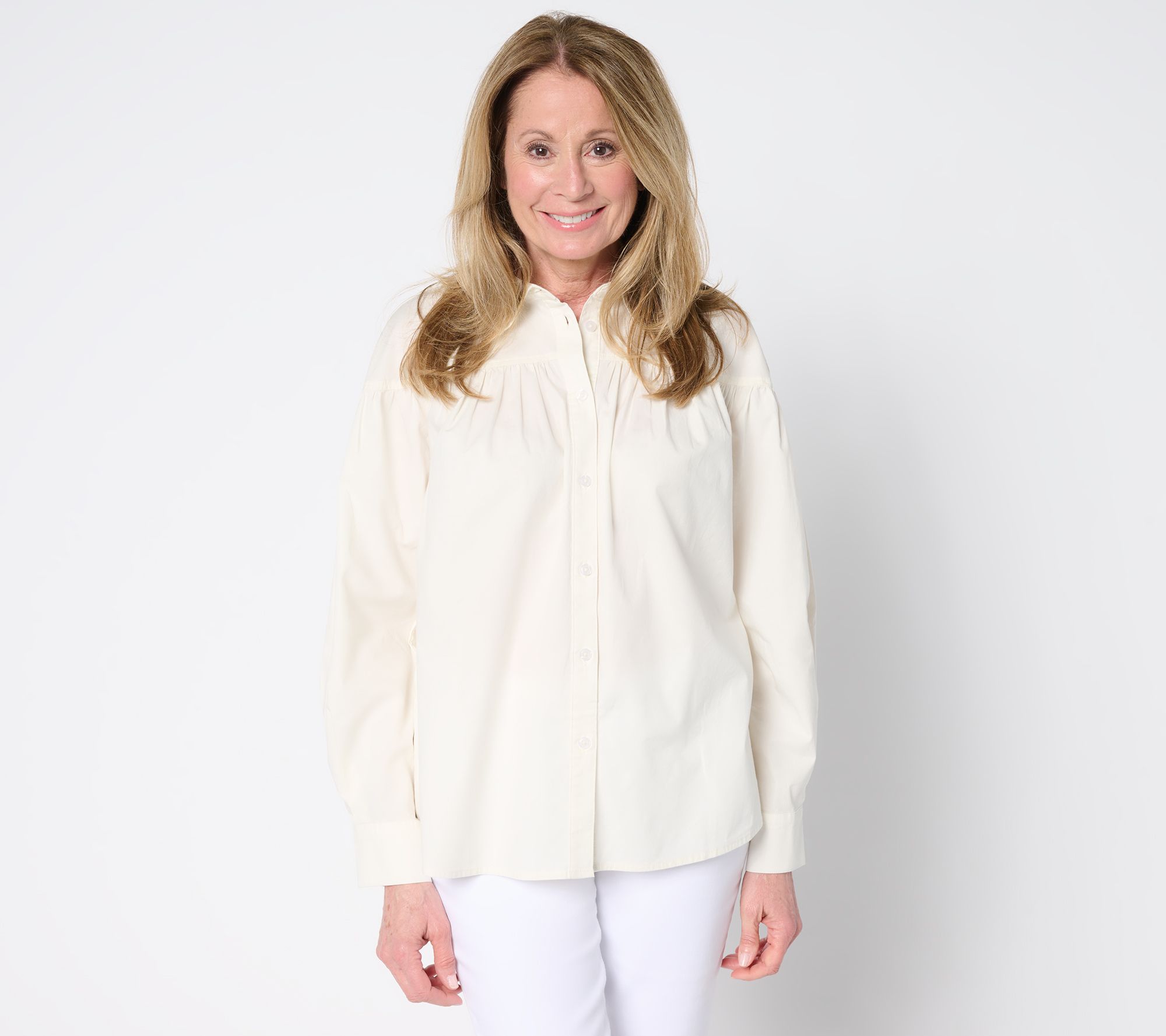 Martha Stewart Signature Shirred Woven Button Front Collared Top