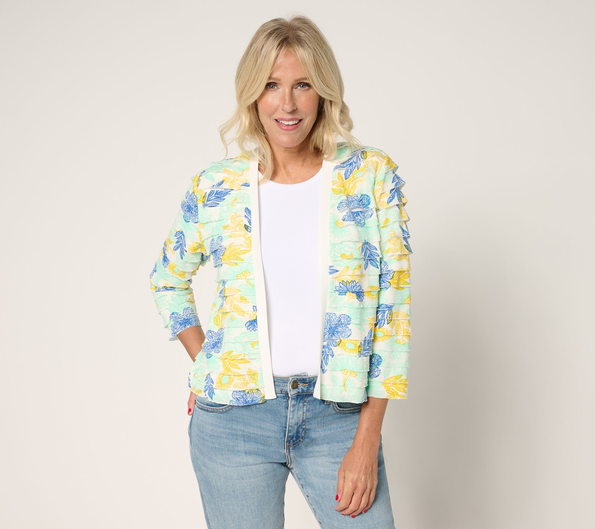 Susan Graver Printed Tiered Ruffle Knit 3/4-Sleeve Shrug