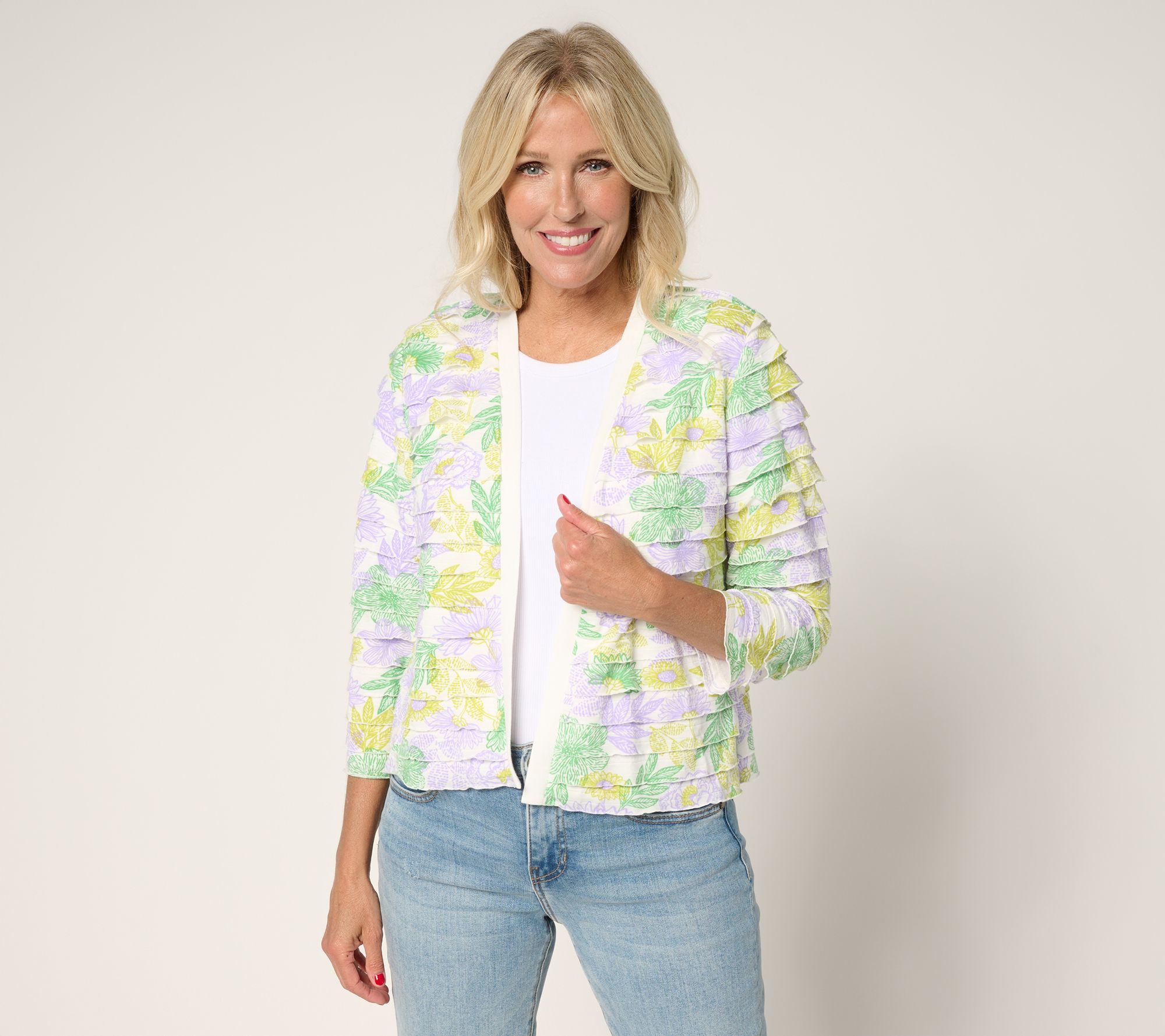 Susan Graver Printed Tiered Ruffle Knit 3/4-Sleeve Shrug