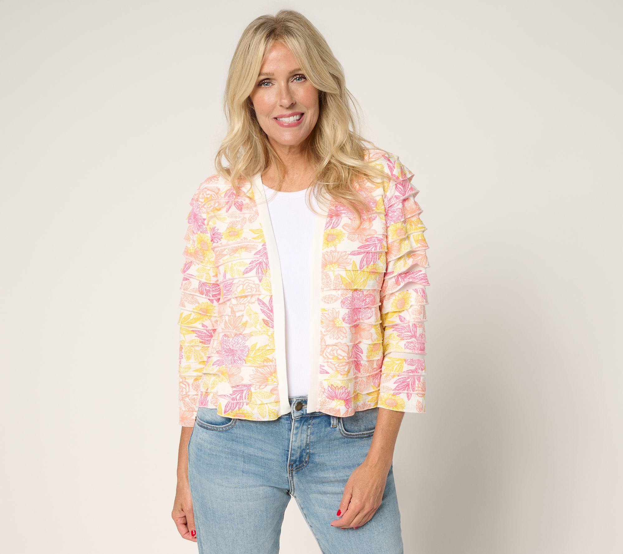 Susan Graver Printed Tiered Ruffle Knit 3/4-Sleeve Shrug