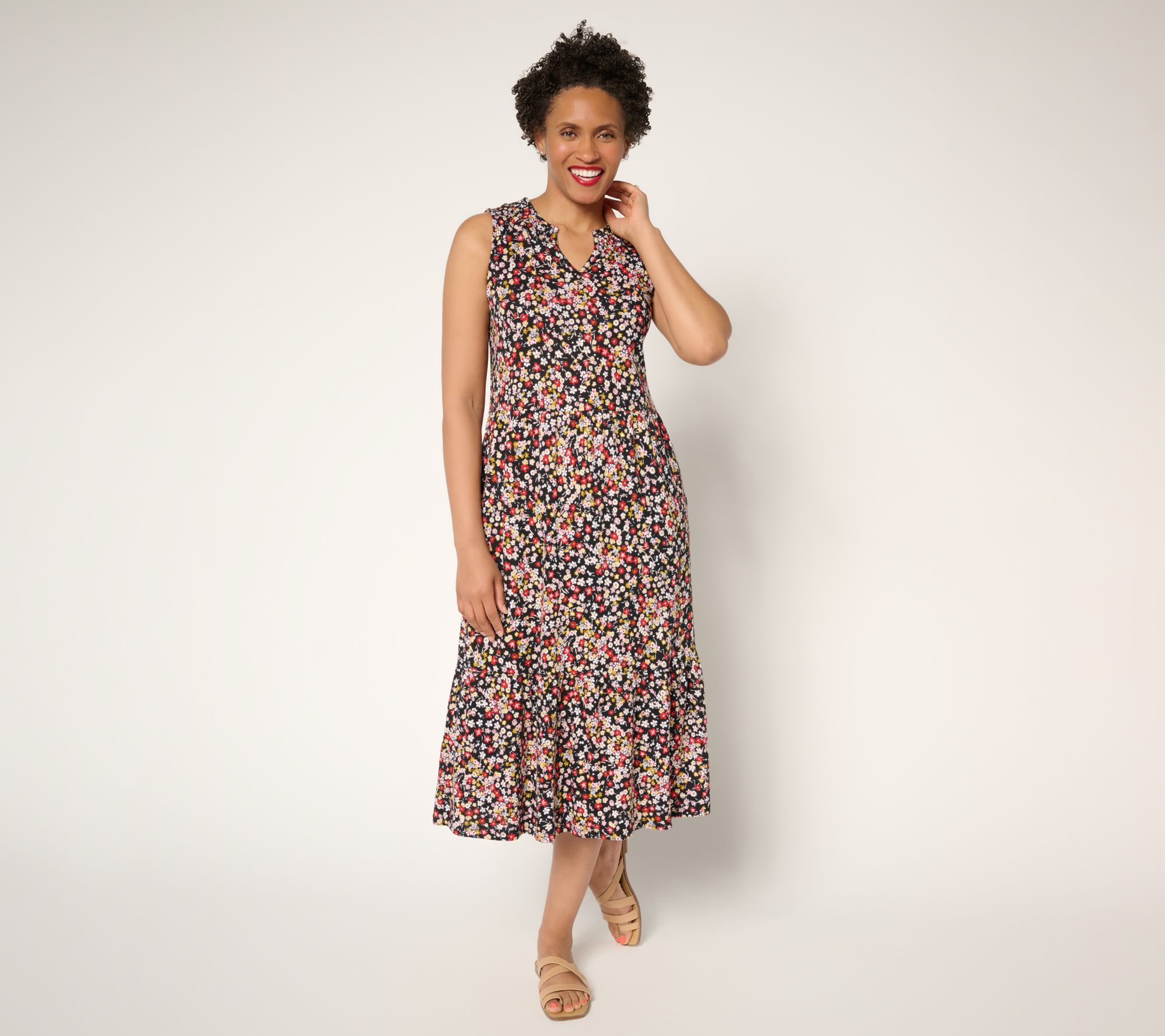 Denim & Co. Petite Linen Blend Midi Dress with Smock Neck