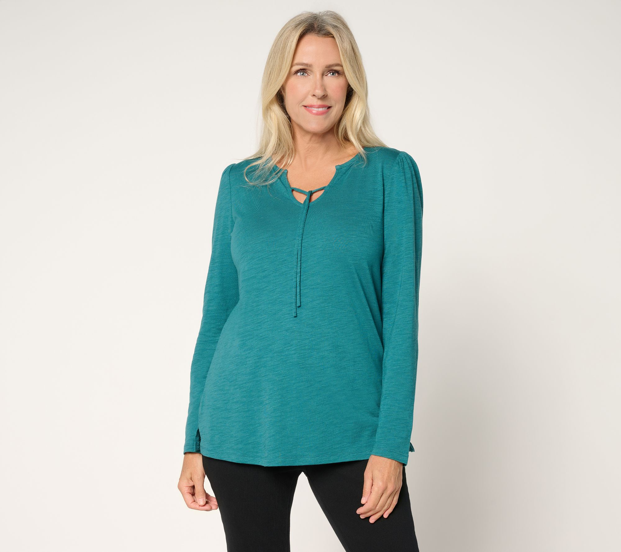 Belle by Kim Gravel Slub Knit U Neck Tie Front Top
