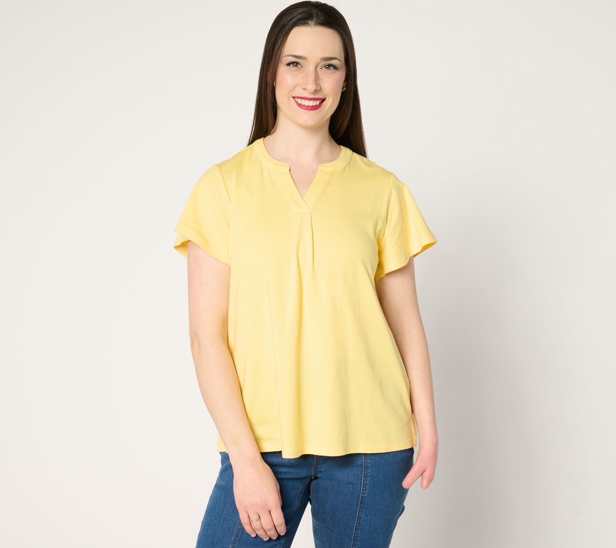 "As Is" Denim & Co. Favorite Jersey Flutter Sleeve Split Neck Top