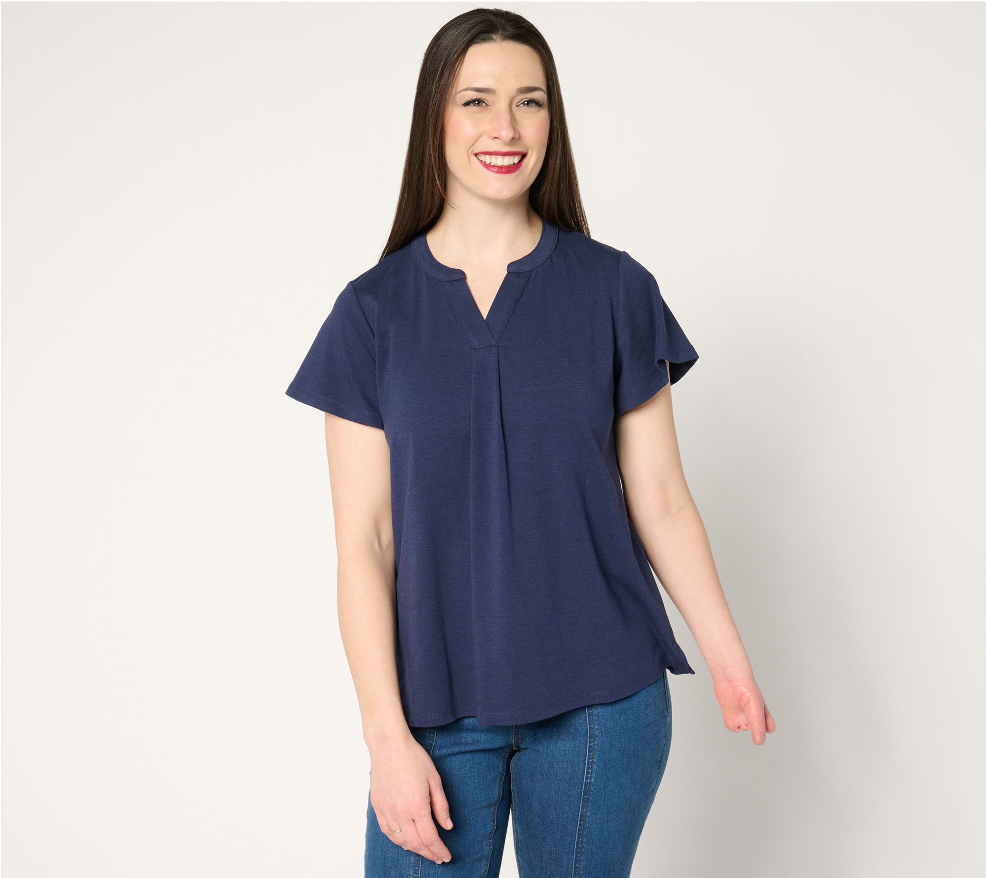 "As Is" Denim & Co. Favorite Jersey Flutter Sleeve Split Neck Top