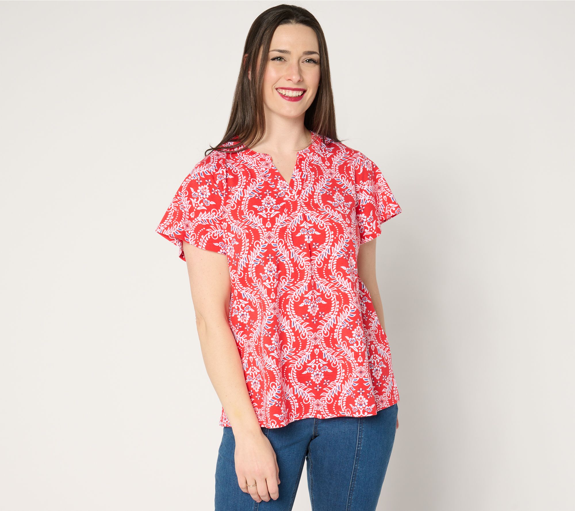 "As Is" Denim & Co. Favorite Jersey Flutter Sleeve Split Neck Top